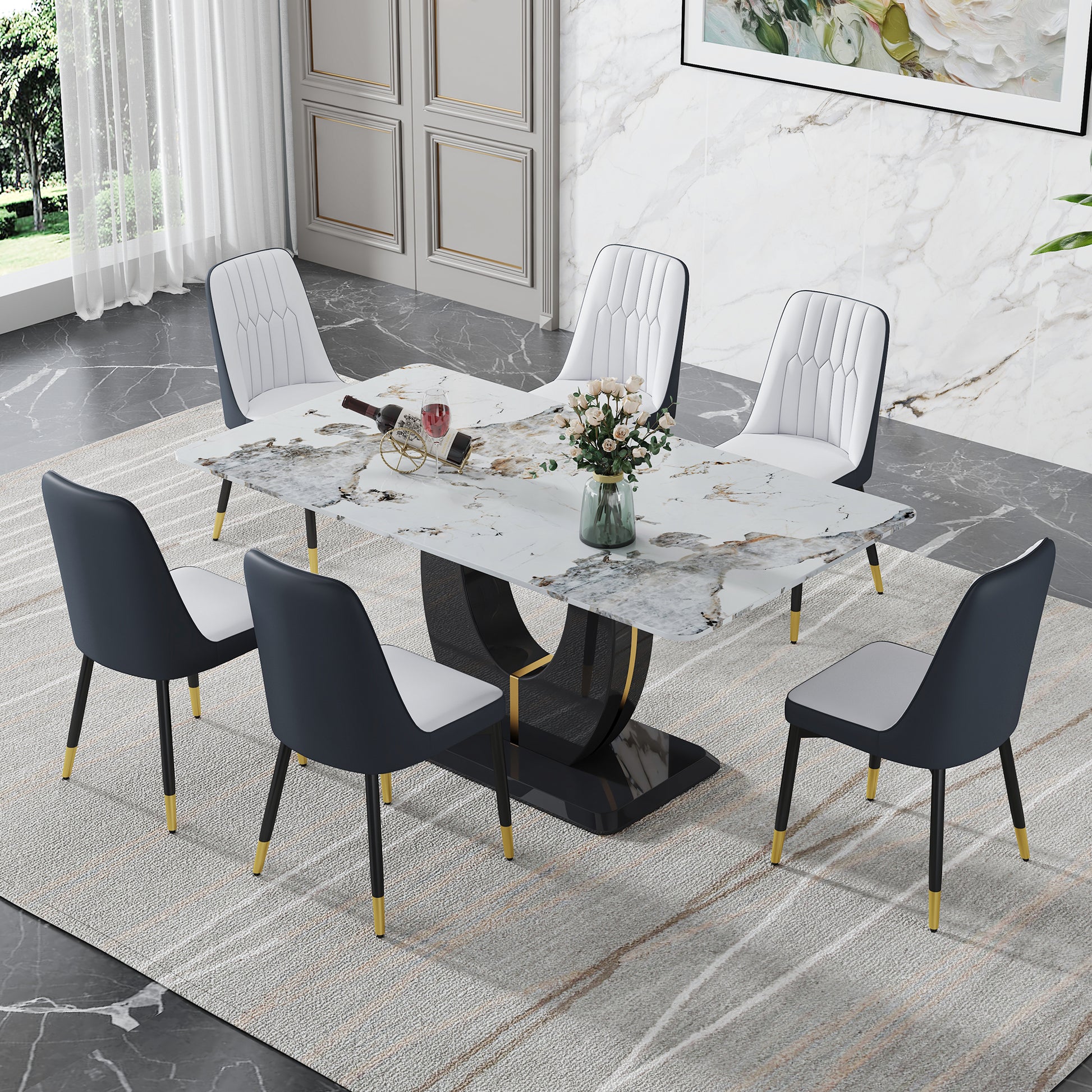 Table And Chair Set, Modern Dining Table, Patterned Table Top And Black Mdf Leg Table, Soft And Comfortable Dining Chair, Perfect For Dinner, Meetings, Home And Office Decor White Gray Mdf Glass