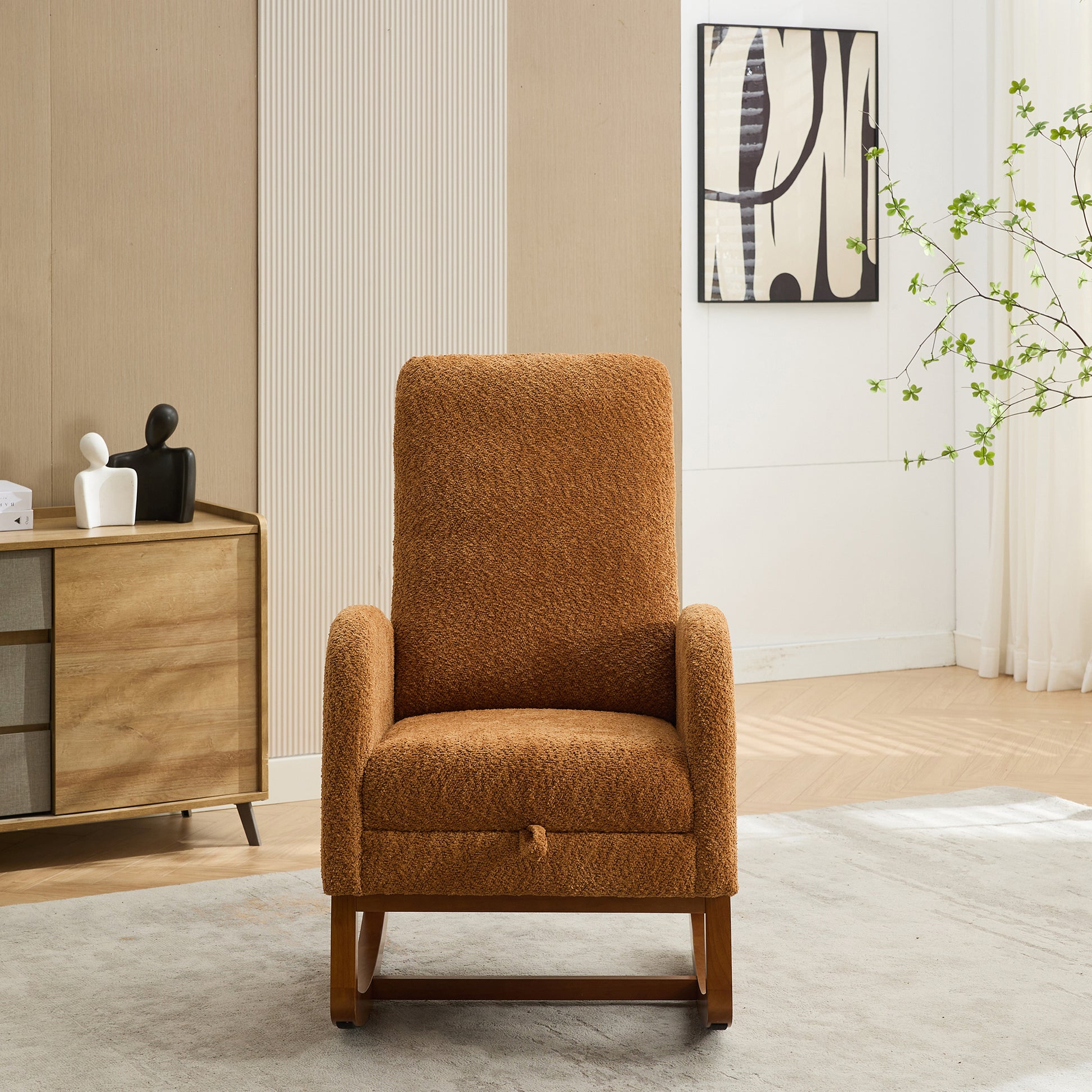 25.4"W Rocking Chair For Nursery, High Back Glider Chair With Retractable Footrest, Side Pocket, Rocking Accent Armchair With Rubber Wood Legs For Living Room Bedroom.Caramel Caramel Boucle