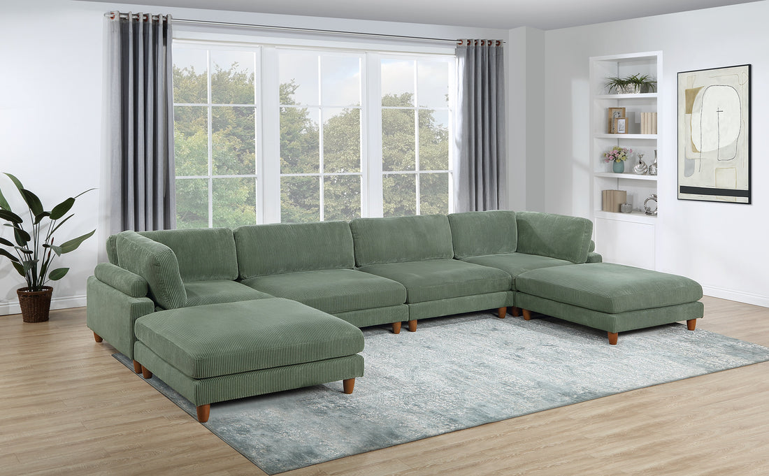 Contemporary Sage Color 6Pc Modular Sectional Set Corduroy Upholstery Couch 2X Corner Wedge, 2X Armless Chairs 2X Ottomans Living Room Sage Primary Living Space Cushion Back Contemporary,Modern Modular Rubberwood Corduroy 6 Seat