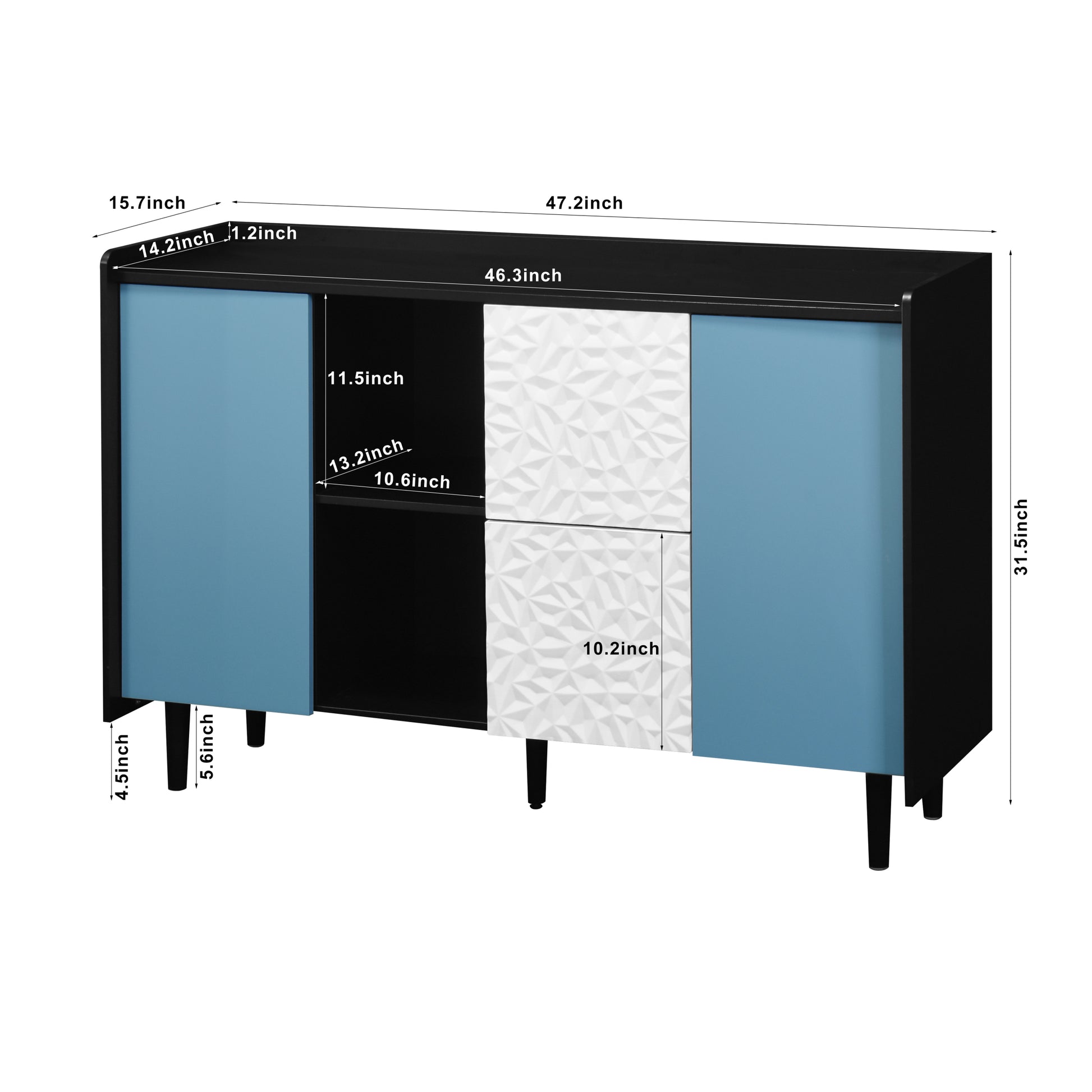 Sideboard Buffet Cabinet, Black Storage Cabinet With Blue Doors2 Drawers With Unique Panel Styling And 2 Open Storage Compartment, Modern Coffee Bar Cabinet Accent Cabinet For Kitchen, Dining Room Black Blue Mdf