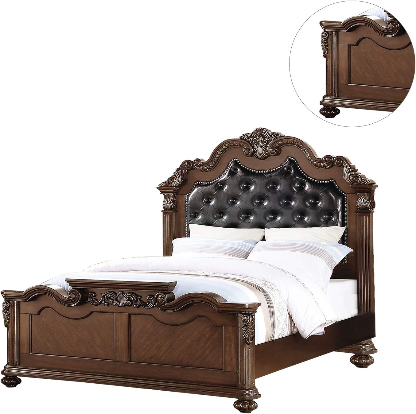Gorgeous Traditional Antique Cherry 1Pc Eastern King Size Bed Tufted Faux Leather Headboard Wooden Bedframe Box Spring Required King Cherry,Walnut Wood Bedroom Classic,Luxury,Traditional Pine Bed