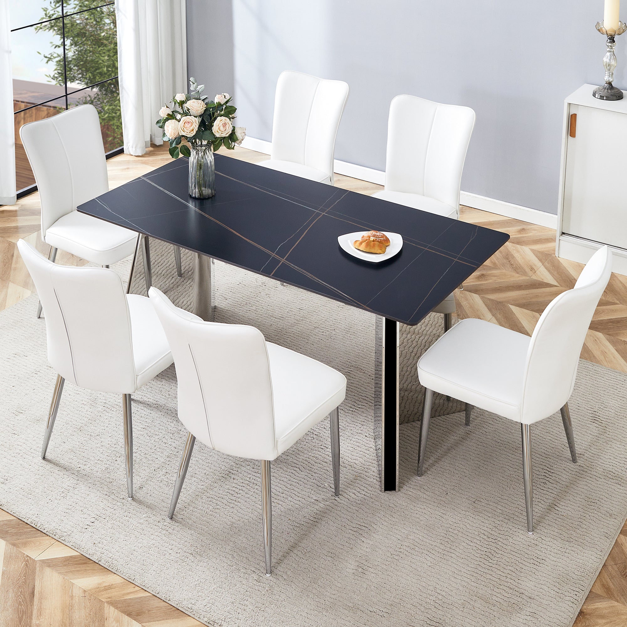 Table And Chair Set.63"X31.5X30" Black Marble Patterned Slabs Tabletop With Stainless Steel Butterfly Legs.Paired With 6 White Pu Dining Chairs With A Vertical Stripe Design On The Backrest. White