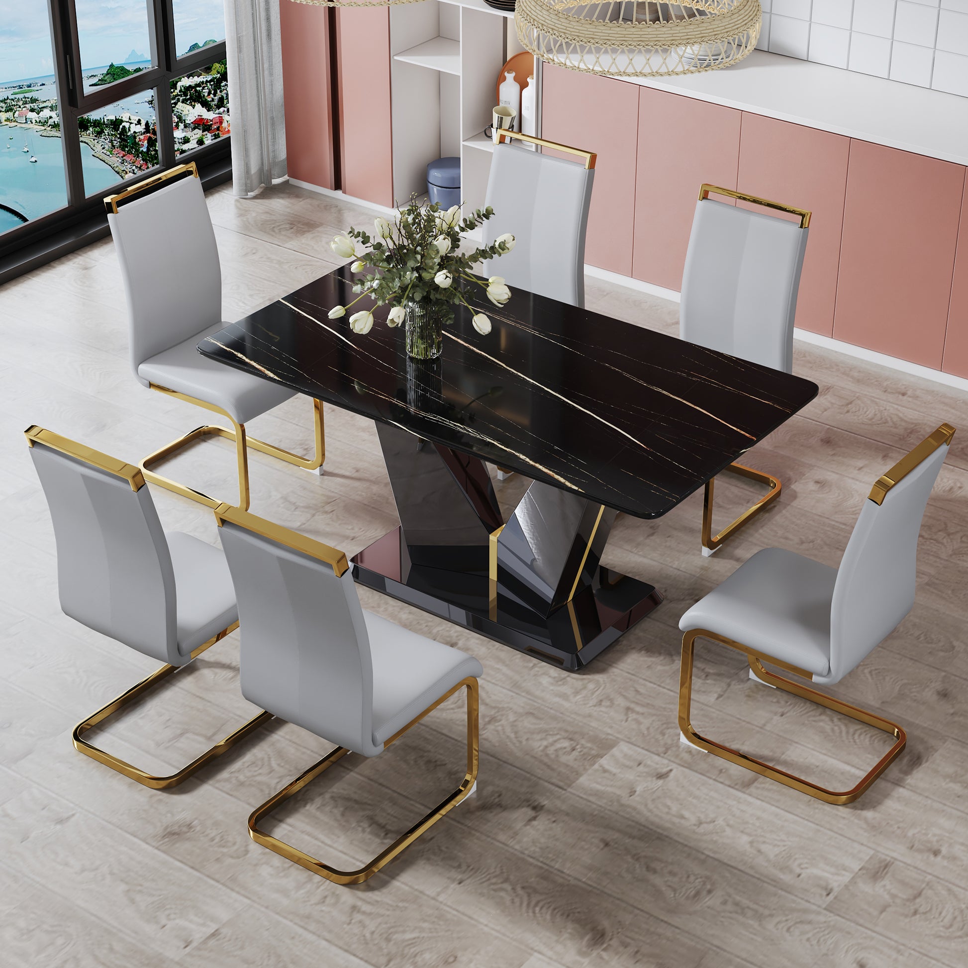 Table And Chair Set,Modern Minimalist Rectangular Dining Table, 0.4 Inch Thick, With A Black Imitation Marble Pattern Glass Desktop And Black Mdf Legs. Comfortable Pu Seats,Perfect For Dinner, Meet Grey Black Seats 6 Mdf Glass