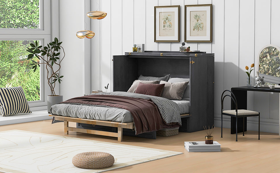 Full Size Murphy Bed With Large Drawers,Gray Full Gray Plywood