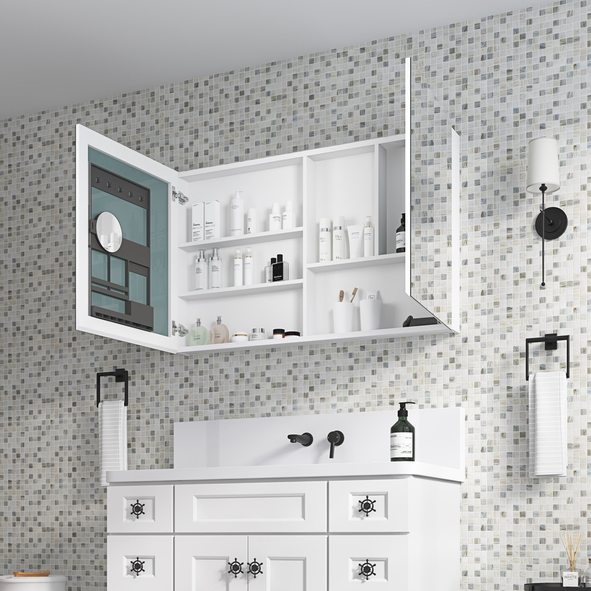 48'' W X 30'' H Surface Frameless Mirror Medicine Cabinet, Beveled Mirror Edges Bathroom Medicine Cabinet White Engineered Wood