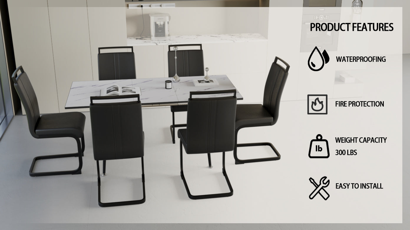 An Expandable Dining Table Set For 2 6 People, Equipped With A C Shaped Tubular Cushioned Armless Dining Chair And An Elegant And Spacious Dining Table Kitchen Table And Chair Set, With Metal Legs Black White Mdf