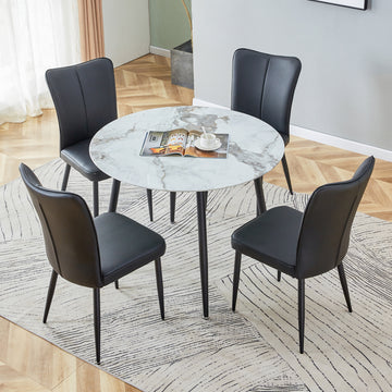 Table And Chair Set. Large Modern White Imitation Marble Patterned Round Table With Black Metal Legs. Nice Minimalism, Comfortable Seats And Black Metal Legs. White Black Seats 4 Glass Metal