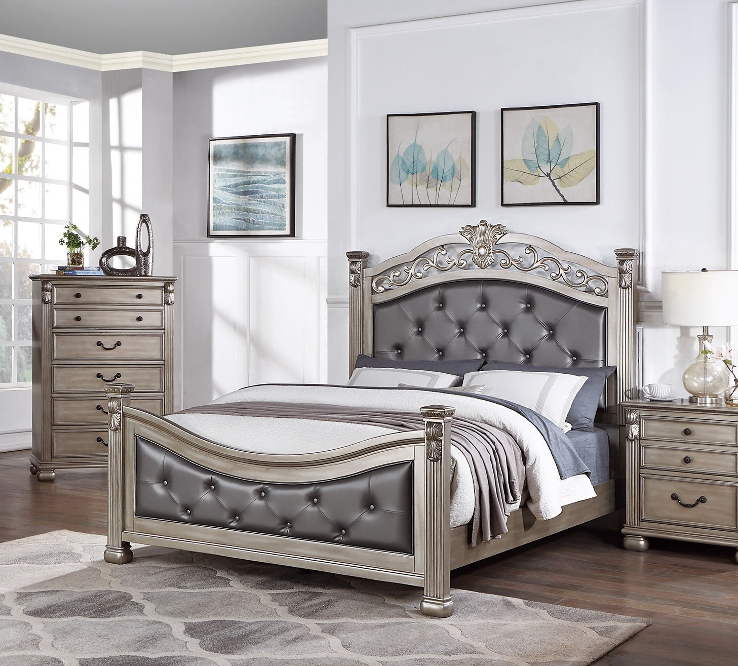 Formal Traditional Antique Silver 1Pc California King Size Bed Tufted Faux Leather Headboard Footboard Bedframe Box Spring Required California King Antique Silver Wood Bedroom American Traditional,Classic,Contemporary,Luxury,Traditional Pine Bed Frame