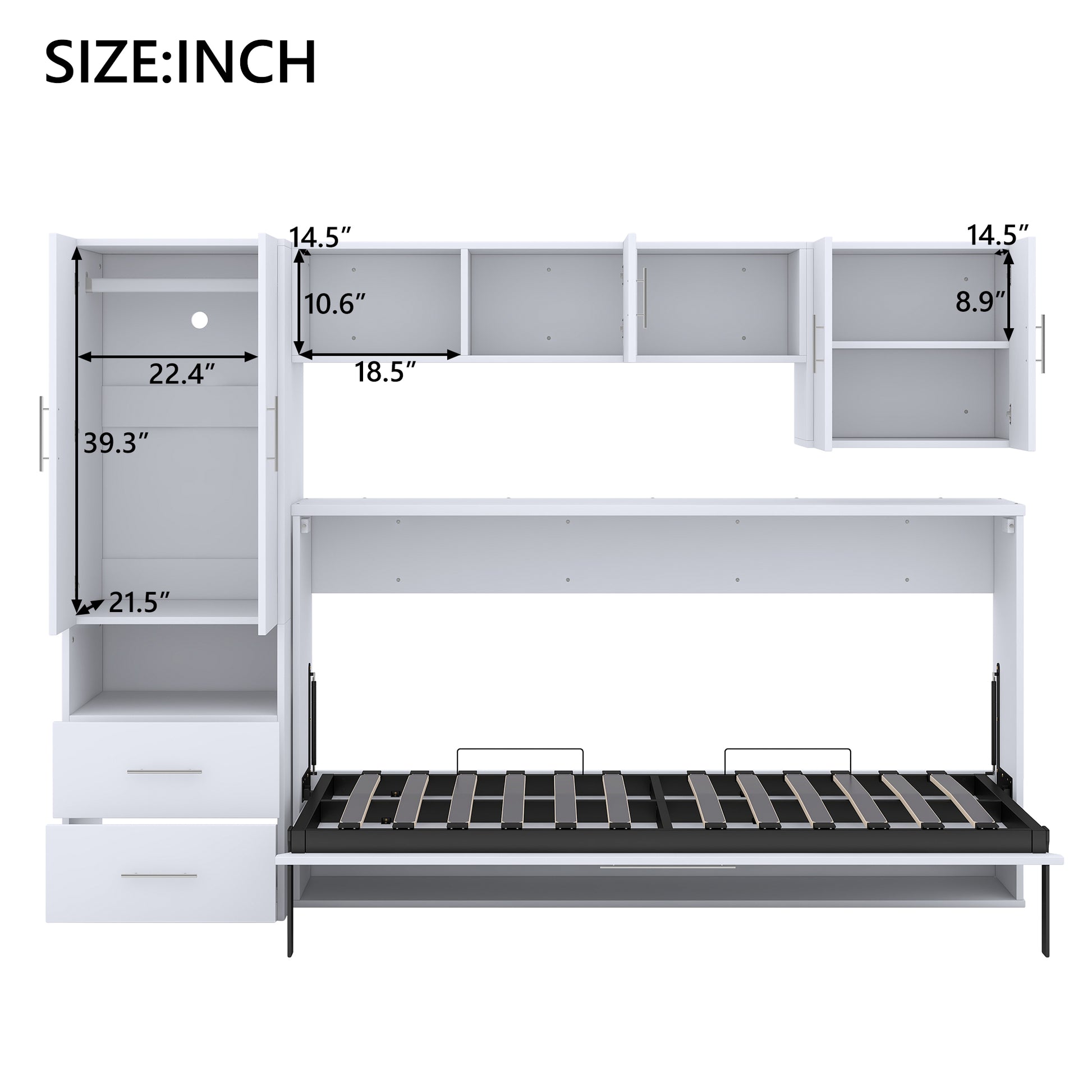 Twin Size Murphy Bed With Open Shelves And Storage Drawers,Built In Wardrobe And Table, White Twin White Solid Wood Mdf