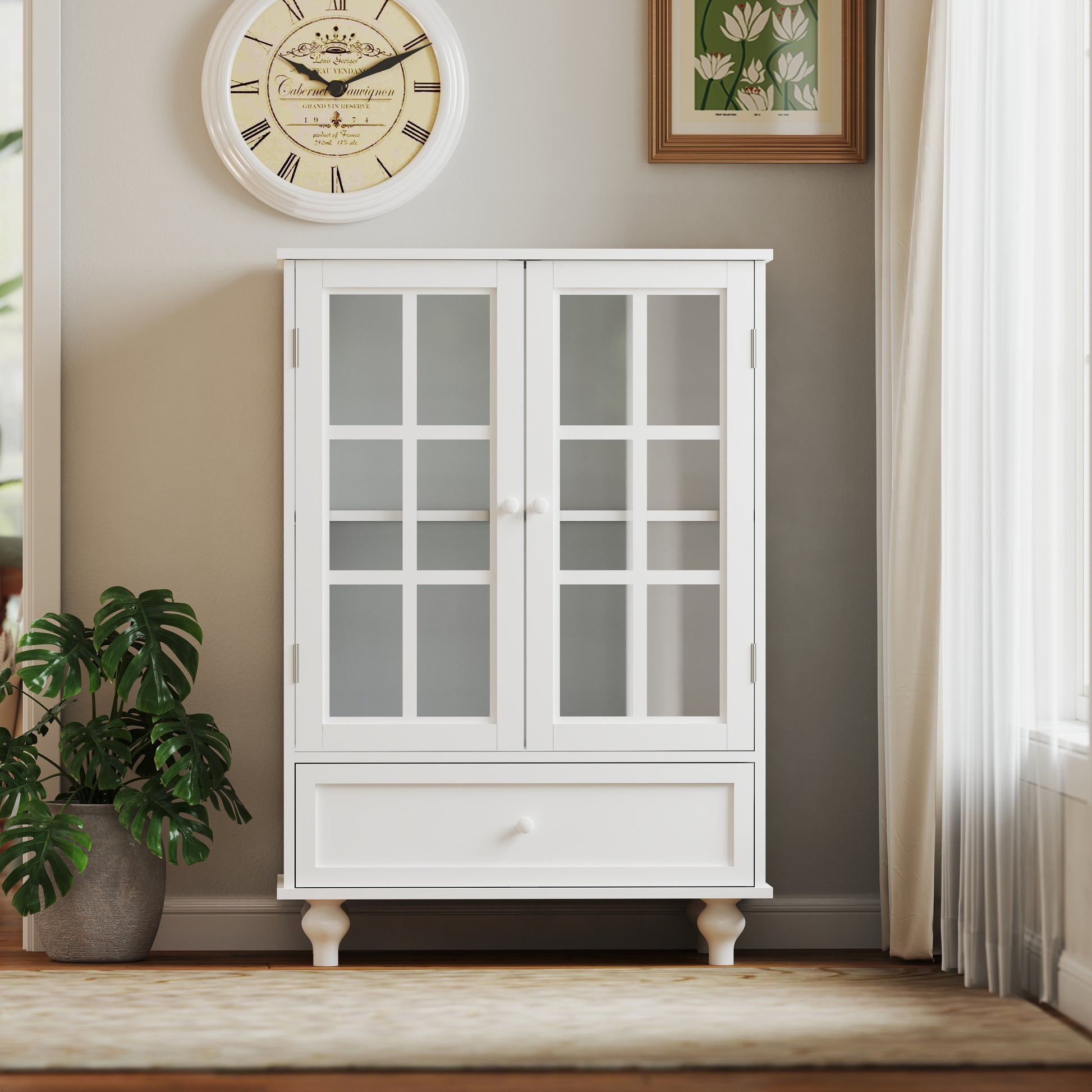 Minimalist White Buffet Cabinet With Double Glass Doors And Drawer, Modern Wooden Storage Sideboard Cupboard For Living Room, Dining Room Hallway Entryway Freestanding White Primary Living Space