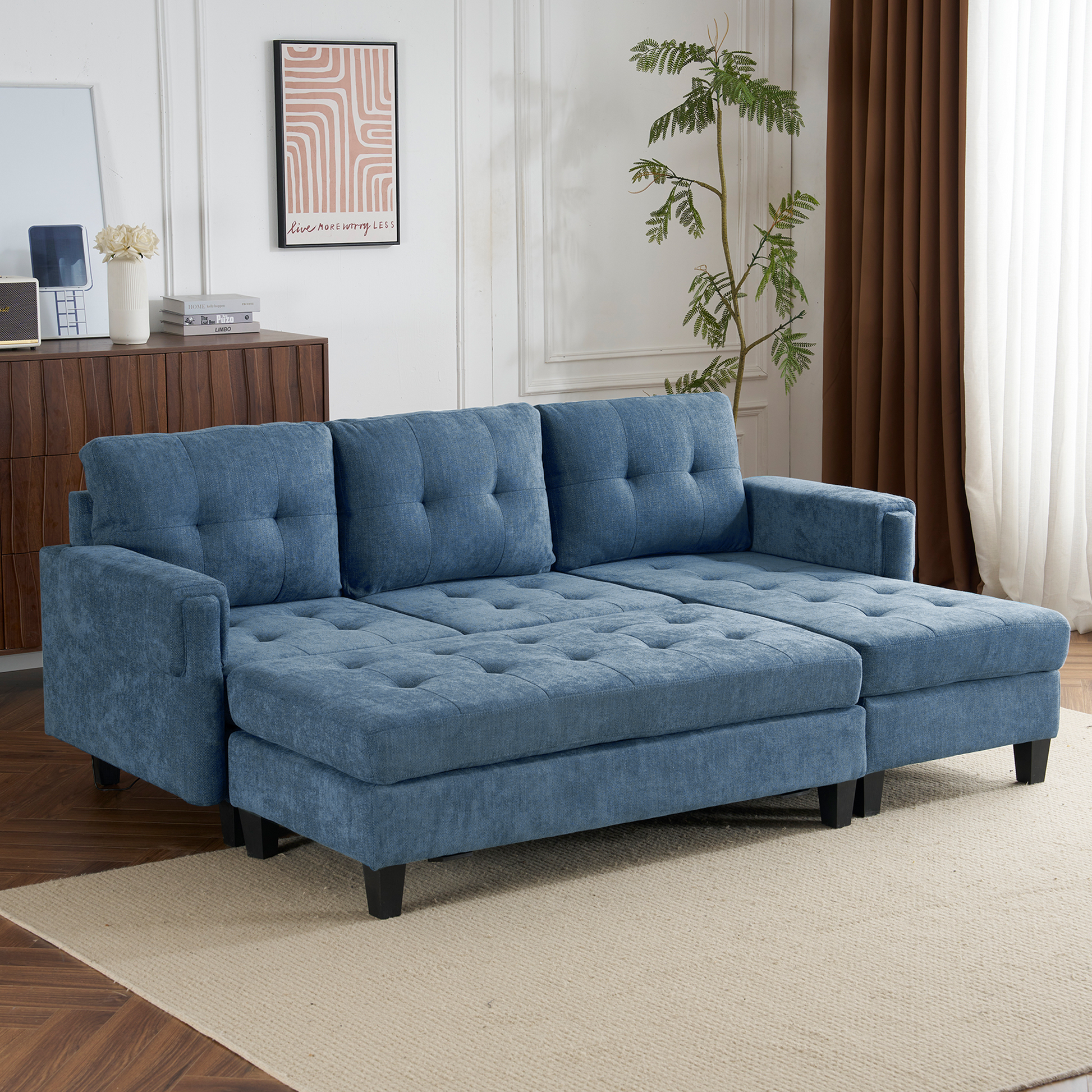 83.4" L Shaped Sofa Sectional Couch Sofa Bed With Two Usb Ports, A Movable Ottoman And A Reversible Chaise Lounge For Living Room, Navy Blue Navy Blue Foam Chenille 5 Seat