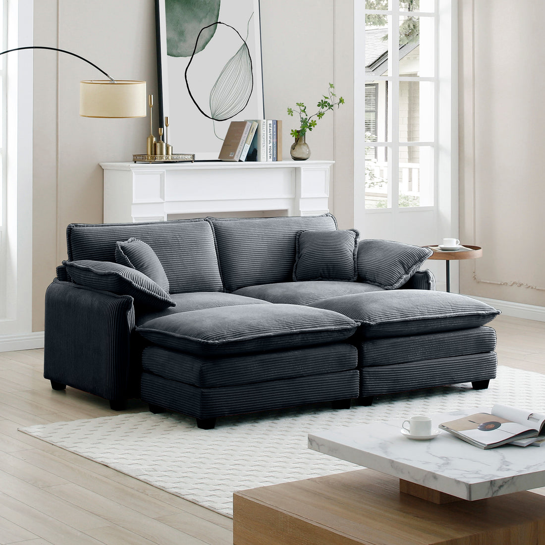 Two Seater Theater Sofa With 2 Footrest, 2 Seater Sofa With Ottoman For Small Living Spaces,Grey Corduroy Grey Corduroy 2 Seat