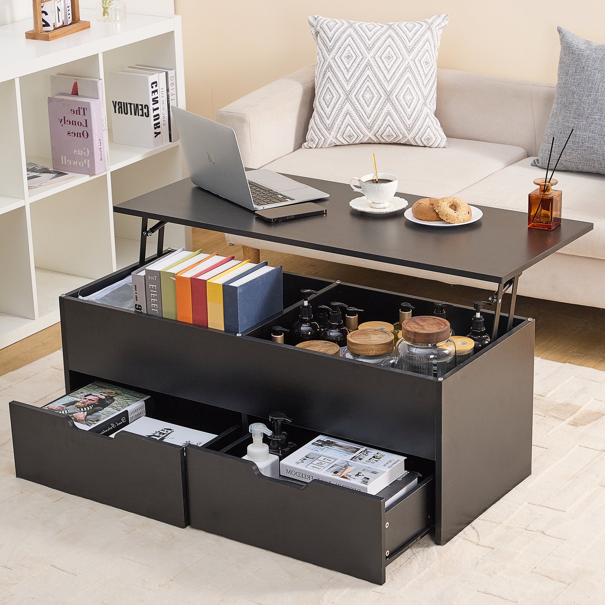 Lift Top Coffee Table With Storage Center Tables Hidden Compartment & 2 Drawers, Sofa Table For Living Room Black Particle Board Mdf