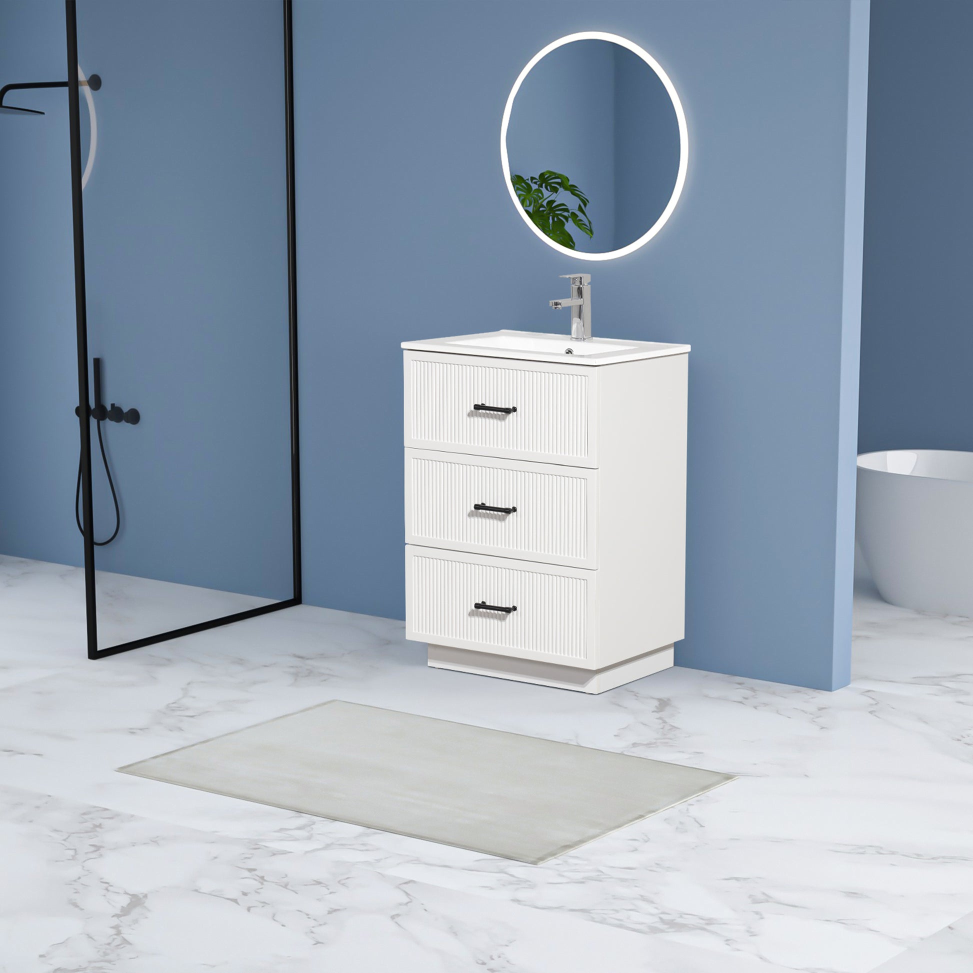 24 Inch Bathroom Vanity With Ceramic Sink Set, Modern Freestanding Bathroom Storage Cabinet With 2 Drawers, Floor Standing Bath Vanity Combo, White White Mdf