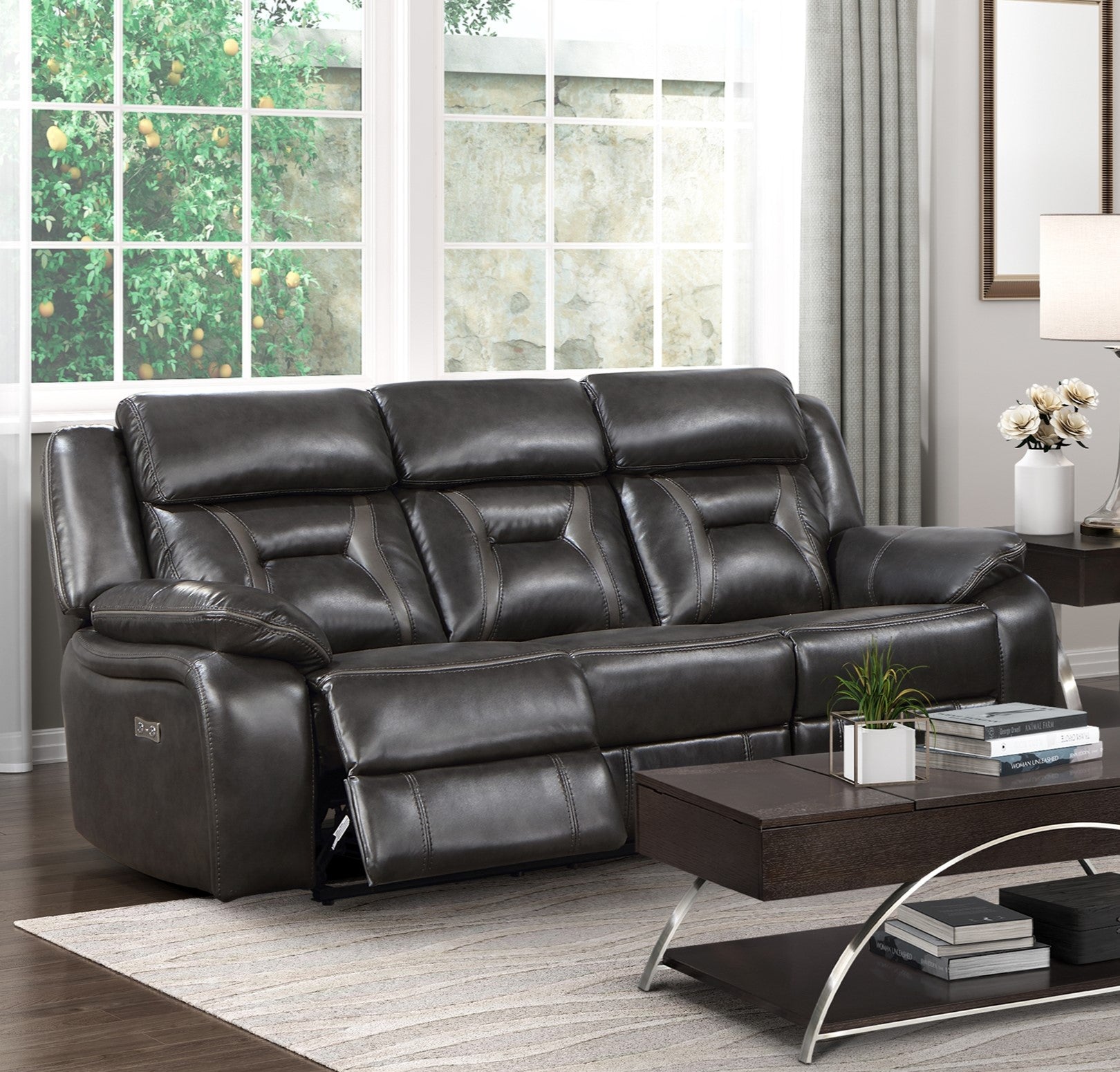 1Pc Living Room Furniture Modern Design Power Reclining Sofa Dark Grayfaux Leather Upholstery Usb Ports Contemporary Home Dark Gray,Light Gray Faux Leather Wood Primary Living Space Contemporary,Modern,Ultra Modern Pillow Top Arms Plywood,Solid Wood 3