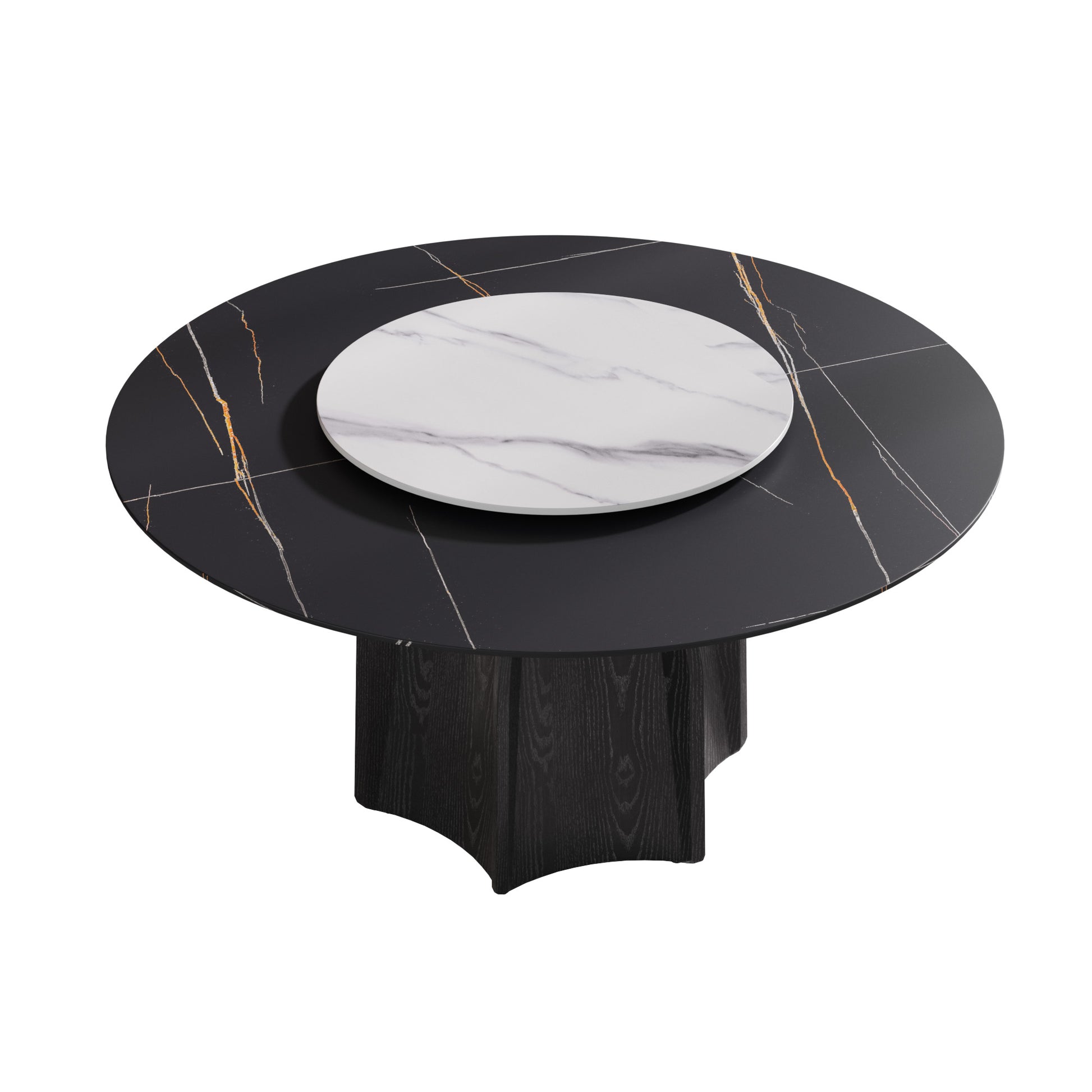 59.05" Round Marble Dining Table With Black Textured Solid Wood Base, Artificial Marble For 6 8 People, 31.5"White Artificial Stone Turntable,White&Black Dining Table Only Black,White Dining Room