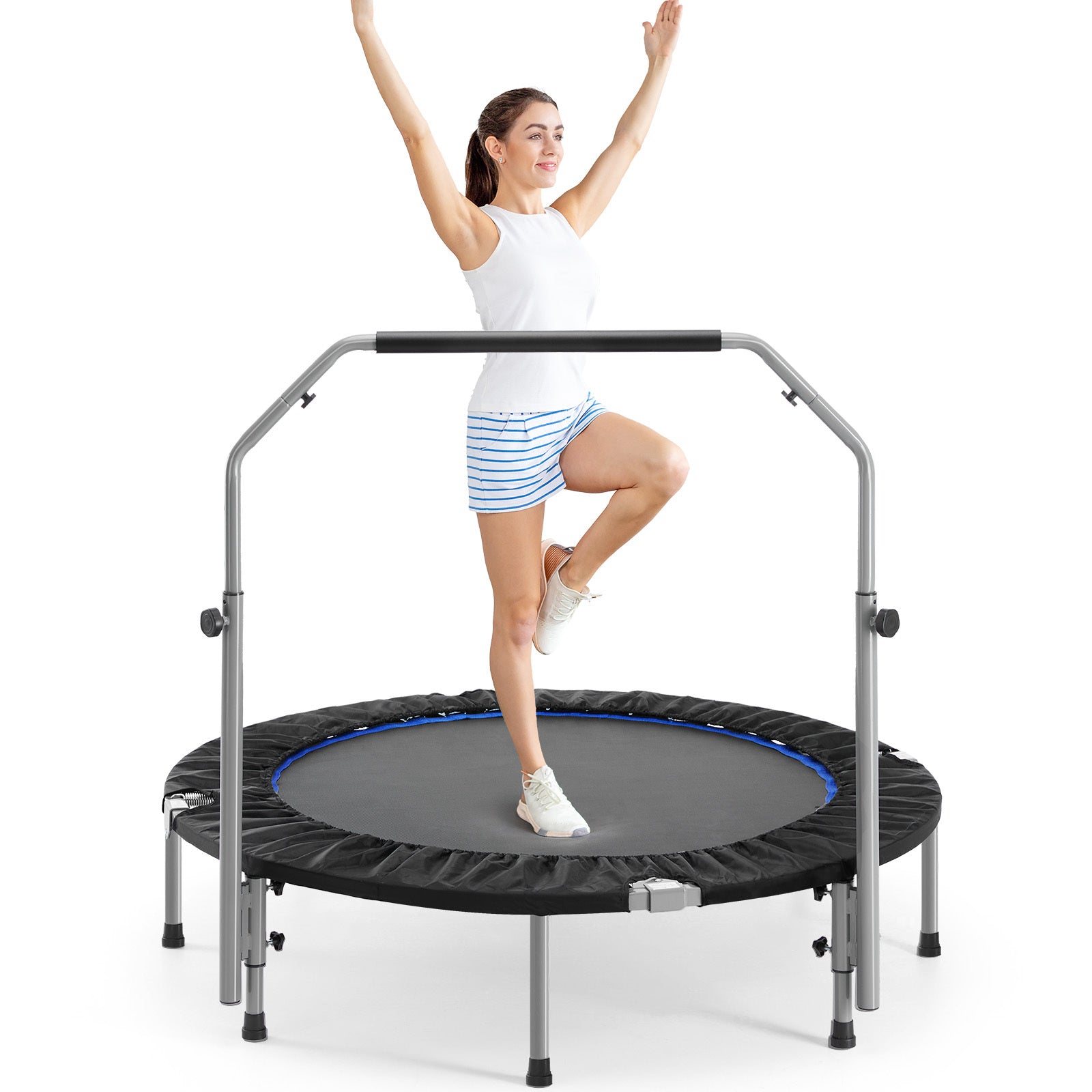 40" Foldable Mini Trampoline For Adults, Trampoline For Adults With Adjustable Bar Blue Abs Rubber Steel Q235