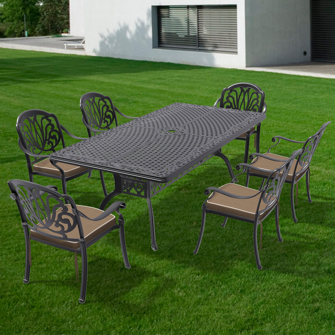 Cushions In Random Colors 7 Piece Set Of Cast Aluminum Patio Furniture With Cushions Yes Dining Set Black Seats 6 Rust Resistant Frame Water Resistant Cushion Garden & Outdoor Complete Patio Sets Aluminium