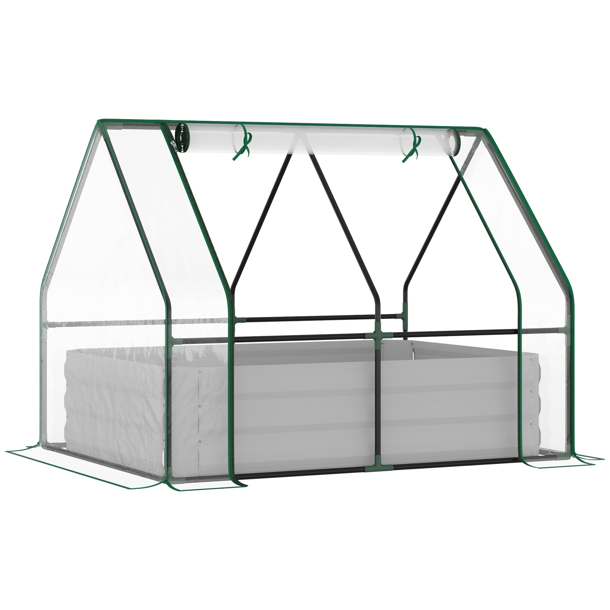 Outsunny 4' X 3' Galvanized Raised Garden Bed With Mini Pvc Greenhouse Cover, Outdoor Metal Planter Box With 2 Roll Up Windows For Growing Flowers, Fruits, Vegetables And Herbs, Clear Clear Pvc