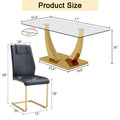 Table And Chair Set.Modern Rectangular Dining Table With Transparent Tempered Glass Tabletop And Gold Plated Metal Legs.Paried With 6 Comfortable Chairs With Pu Seats And Golden Metal Legs. Black Gold,Transparent Seats 6 Glass Metal