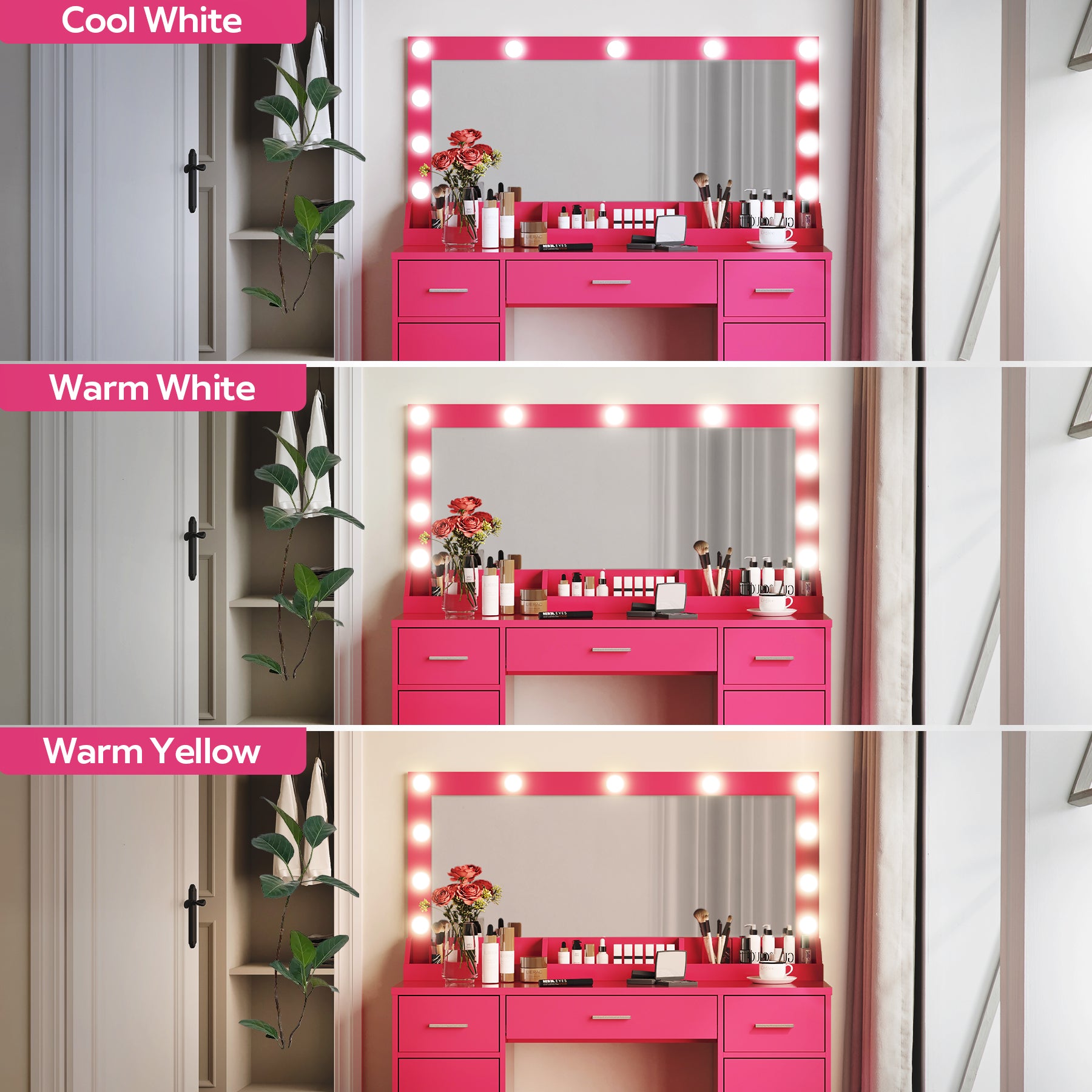 47.2"Vanity Desk With Large Mirror, 3 Colour Lighting Modes, Adjustable Brightness, Dresser With 3 Drawers & 2 Vertical Cabinets, Makeup Vanity Table For Women & Girls Rose Pink Rose Pink Particle Board