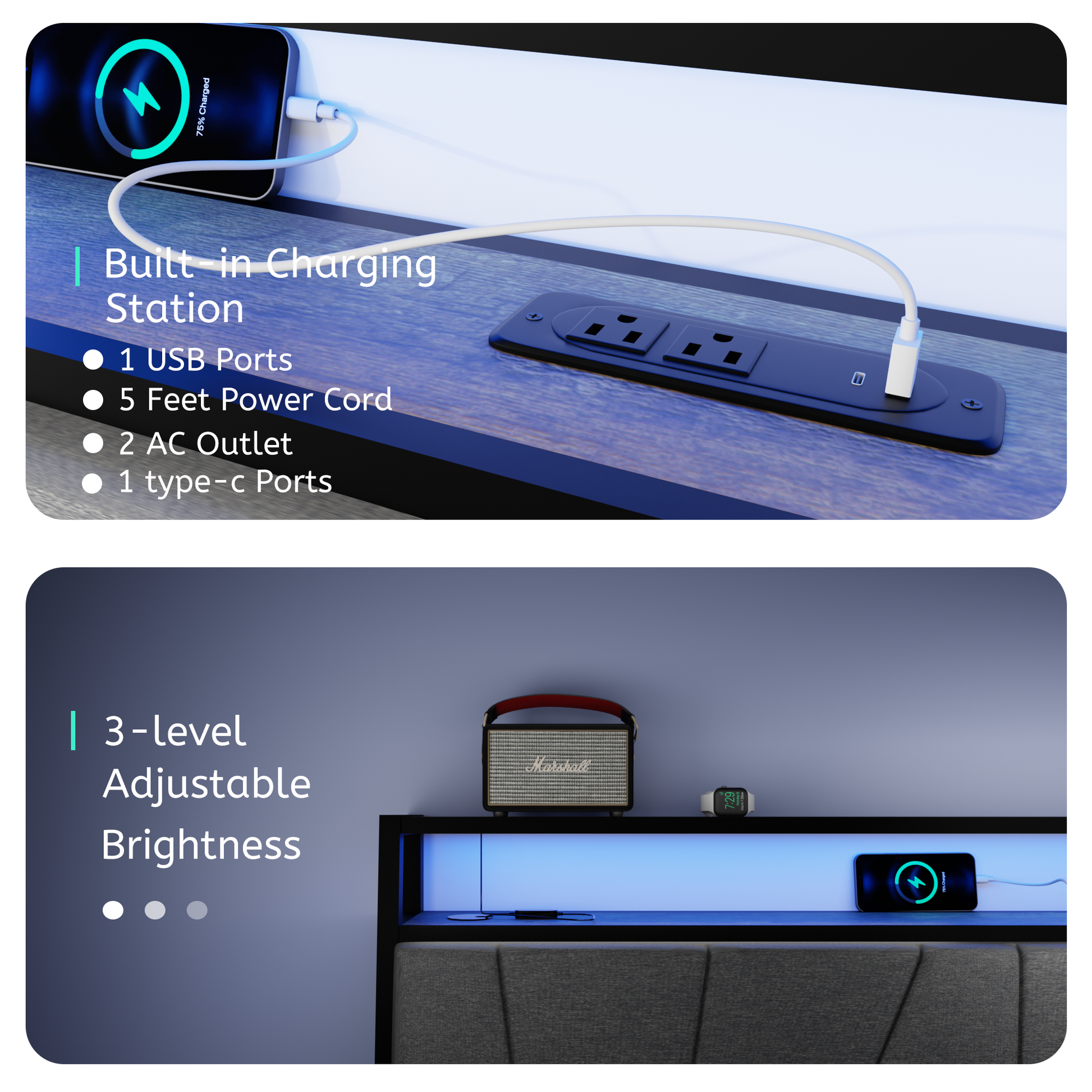 Queen Bed Frame With Storage, Ergonomic Headboard, Bed Frame With 2 Storage Drawers, Built In Charging Station & Led, Outlets & Usb, Queen Size, Noise Free, No Box Spring Needed, Rustic Brown Box Spring Not Required Queen Rustic Brown Metal Brown Bedroom