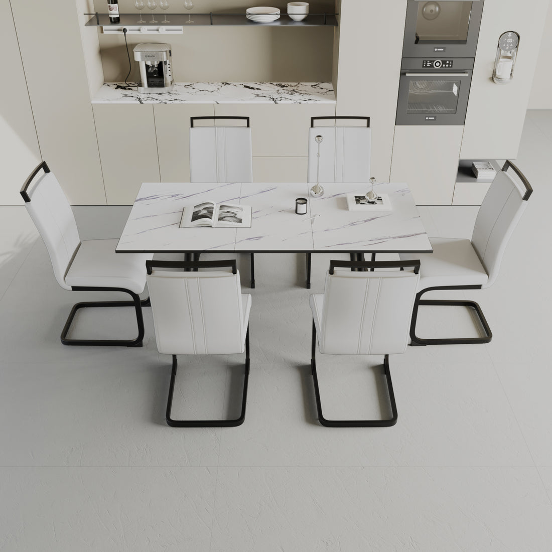 An Expandable Dining Table Set For 2 6 People, Equipped With A C Shaped Tubular Cushioned Armless Dining Chair And An Elegant And Spacious Dining Table Kitchen Table And Chair Set, With Metal Legs White Mdf