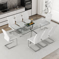 Table And Chair Set.Modern Luxurious Transparent Tempered Glass Dining Table Set With 8 Chairs.Single Fork Silver Metal Table Legs.White High Quality Pu Dining Chairs With Silver Metal Legs.