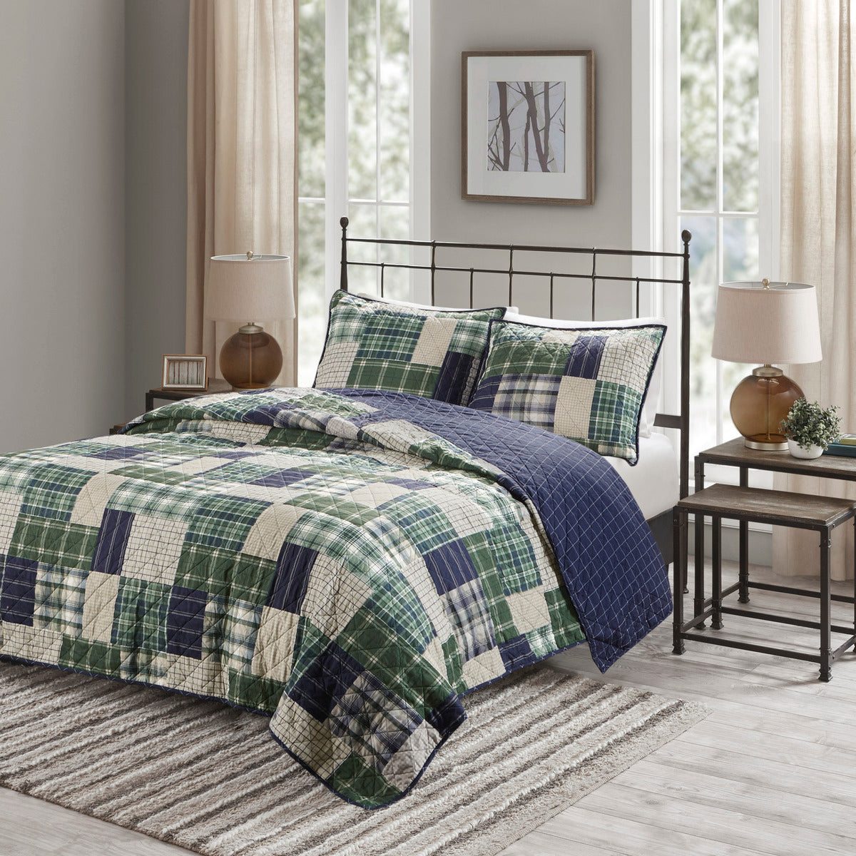3 Piece Reversible Printed Quilt Set Green Navy Full Queen Green Navy Microfiber