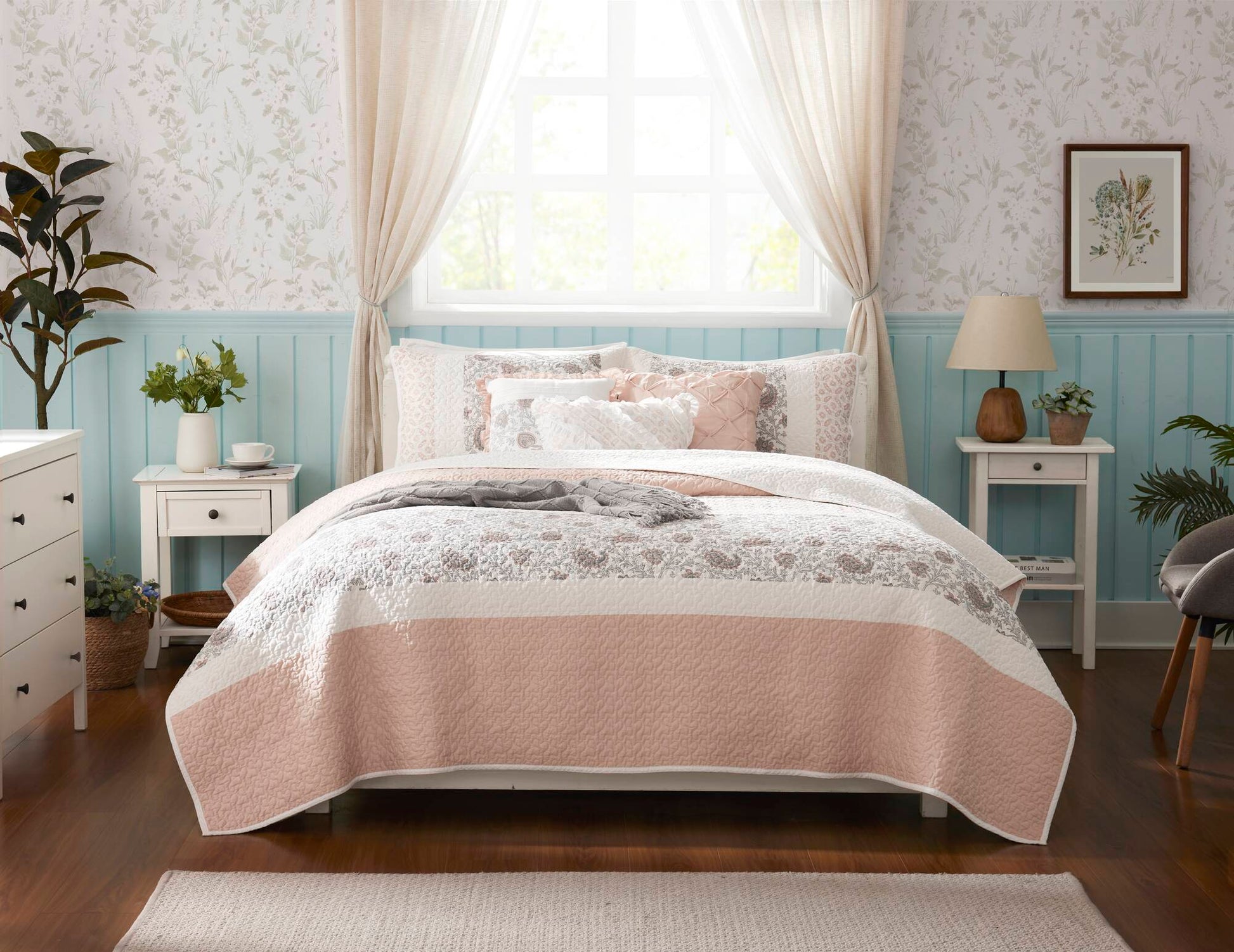 6 Piece Cotton Percale Quilt Set With Throw Pillows Blush Full Queen Full Blush Polyester