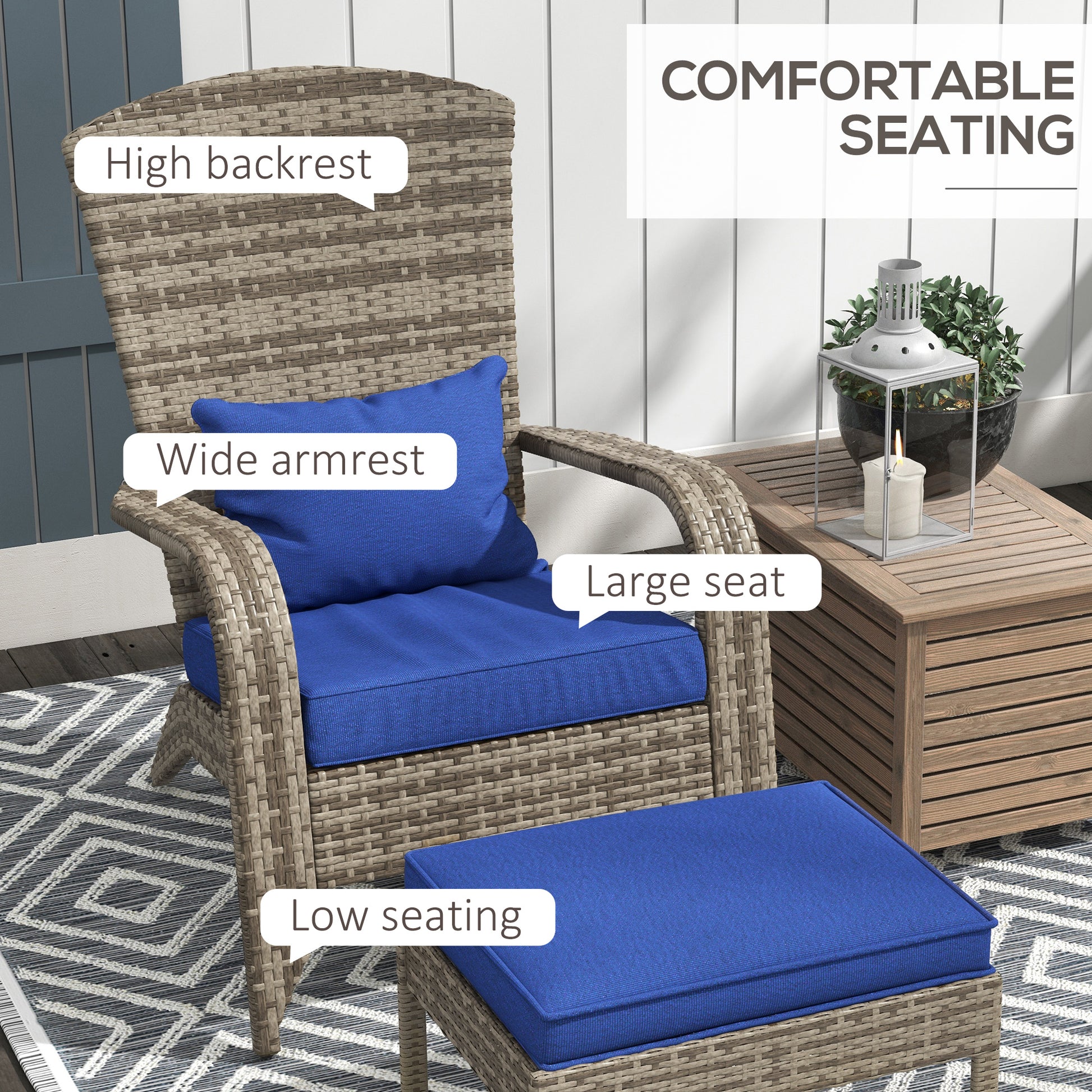 Outsunny Patio Wicker Adirondack Chair With Ottoman, Outdoor Fire Pit Chair With Cushions, High Back, Large Seat & Armrests For Deck, Garden & Backyard, Dark Blue Blue Steel