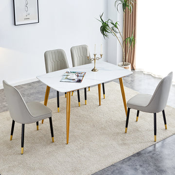 Table And Chair Set.A Morden Table With White Imitation Marble Patterned Stone Burning Tabletop With Golden Metal Legs.Paried With 4 Chairs With Pu Leather Backrest And Black Metal Legs. Light Gray,White Gold Seats 4 Metal,Sintered Stone