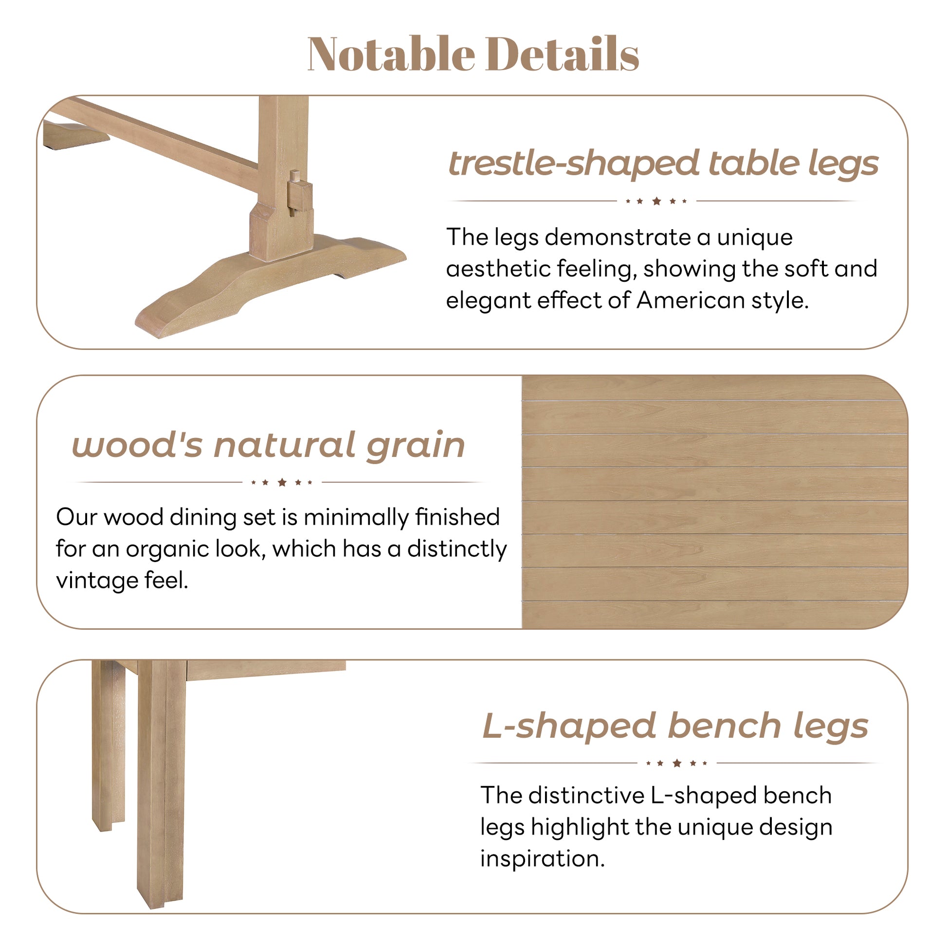 3 Piece Retro Dining Set, Rectangular Trestle Table And 2 Wooden Benches For 4 People For Dining Room And Kitchen Natural Wood Natural Wood Solid Wood Mdf