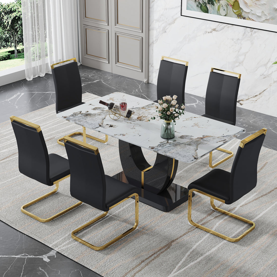 Table And Chair Set, Modern Dining Table, Patterned Table Top And Black Mdf Table Leg, Soft And Comfortable Dining Chair, Perfect For Dinner, Meetings, Home And Office Decor Black Mdf Glass