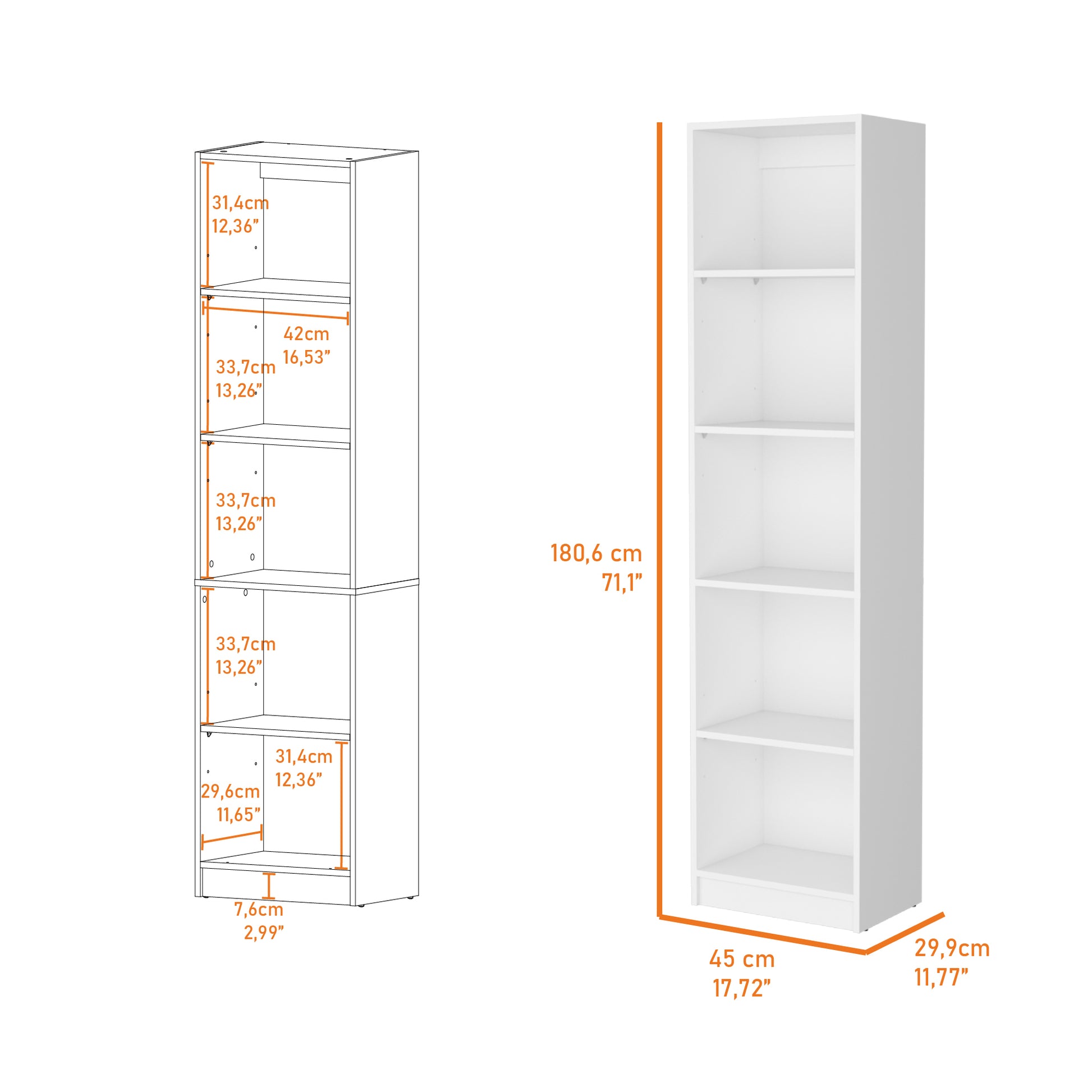 Sutton Slim Bookcase With Modern 5 Shelf Design White Particle Board Engineered Wood