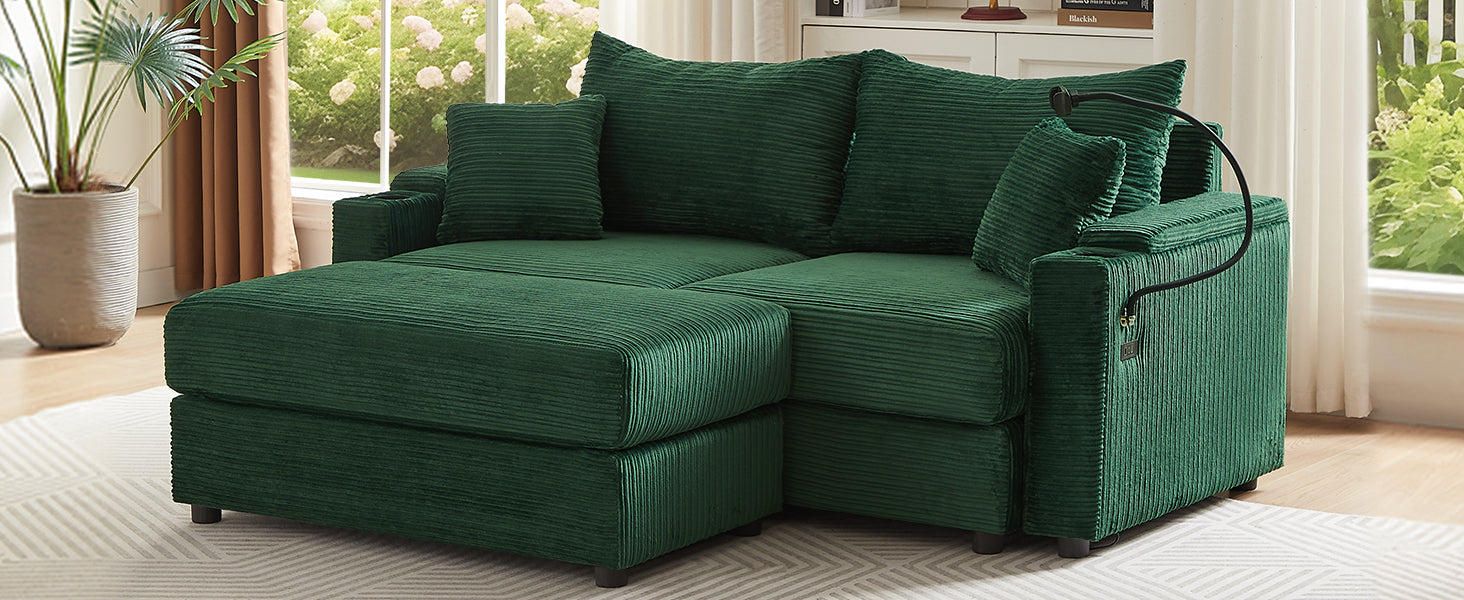 72.8" Modern Style Loveseat Sofa Sectional Sofa Couch With Storage Space, A Movable Ottoman, Two Usb Ports, Two Cup Holders, A Phone Holder For Living Room, Green Green Foam Corduroy 3 Seat