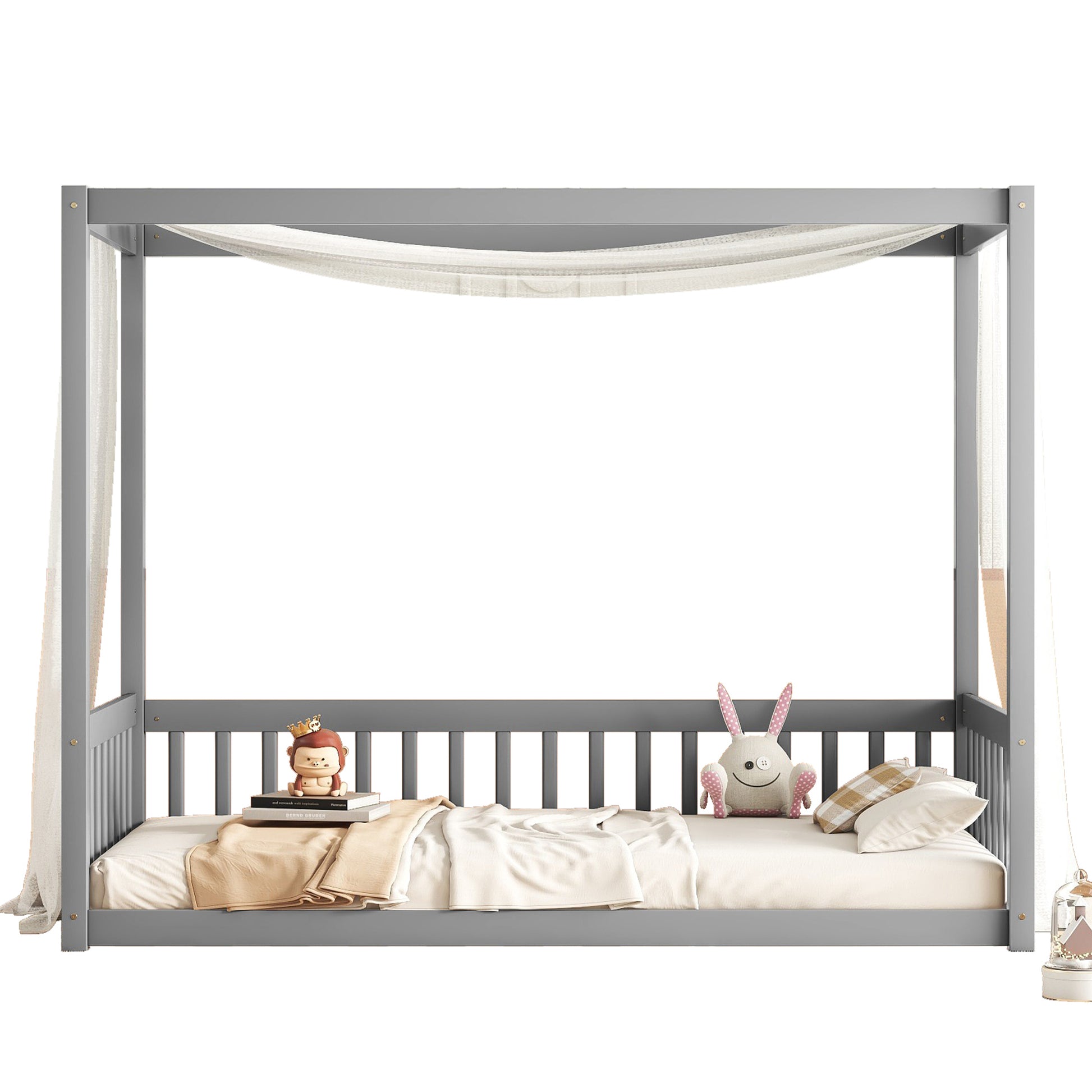 Twin Size Canopy Frame Floor Bed With Fence, Guardrails,Grey Twin Grey American Design Pine