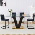 Table And Chair Set. A Rectangular Glass Dining Table With A 0.4 Inch Tempered Glass Tabletop And Mdf Board V Shaped Bracket, Paired With Chairs Consisting Of Pu Seat Cushions And Black Metal Legs. Black Seats 4 Tempered Glass