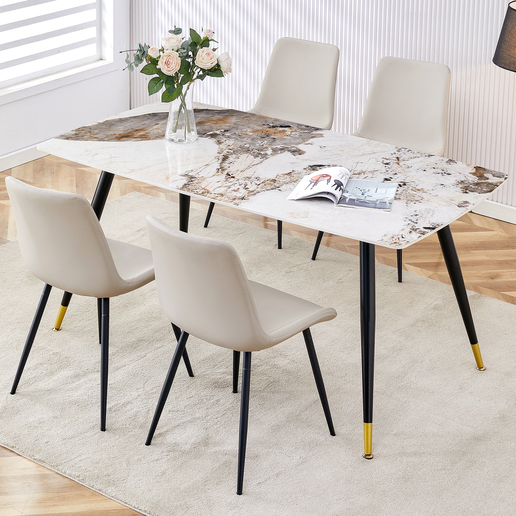 Table And Chair Set,Imitation Marble Texture Rock Board Table Top, Black Metal Table Legs, Stable And Beautiful. Modern Simple Dining Table, Comfortable Seating. White Gray Seats 4 Metal