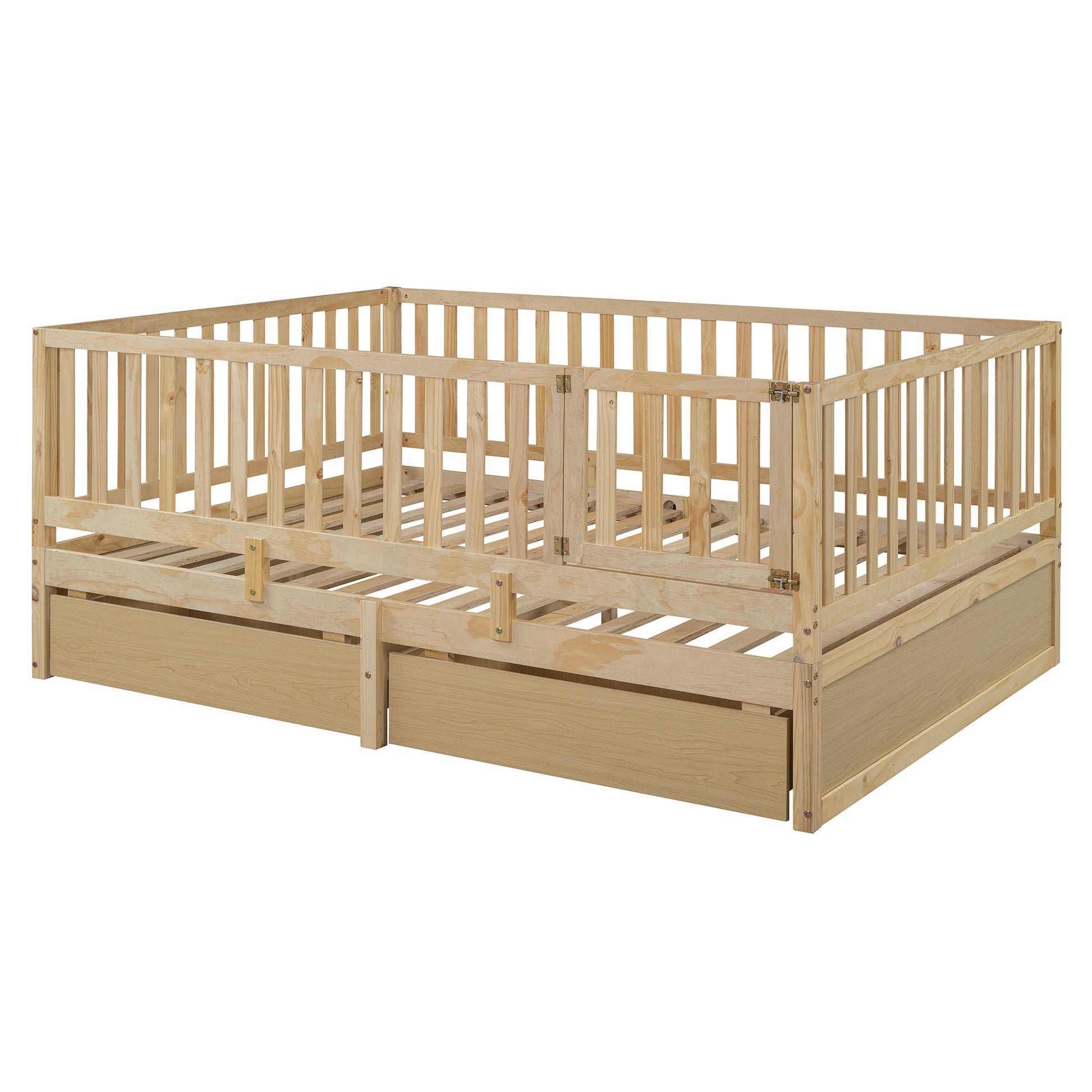 Full Size Wood Daybed With Fence Guardrails And 2 Drawers, Split Into Independent Floor Bed & Daybed, Natural Old Sku :Lp000882Aan Full Natural Solid Wood Mdf