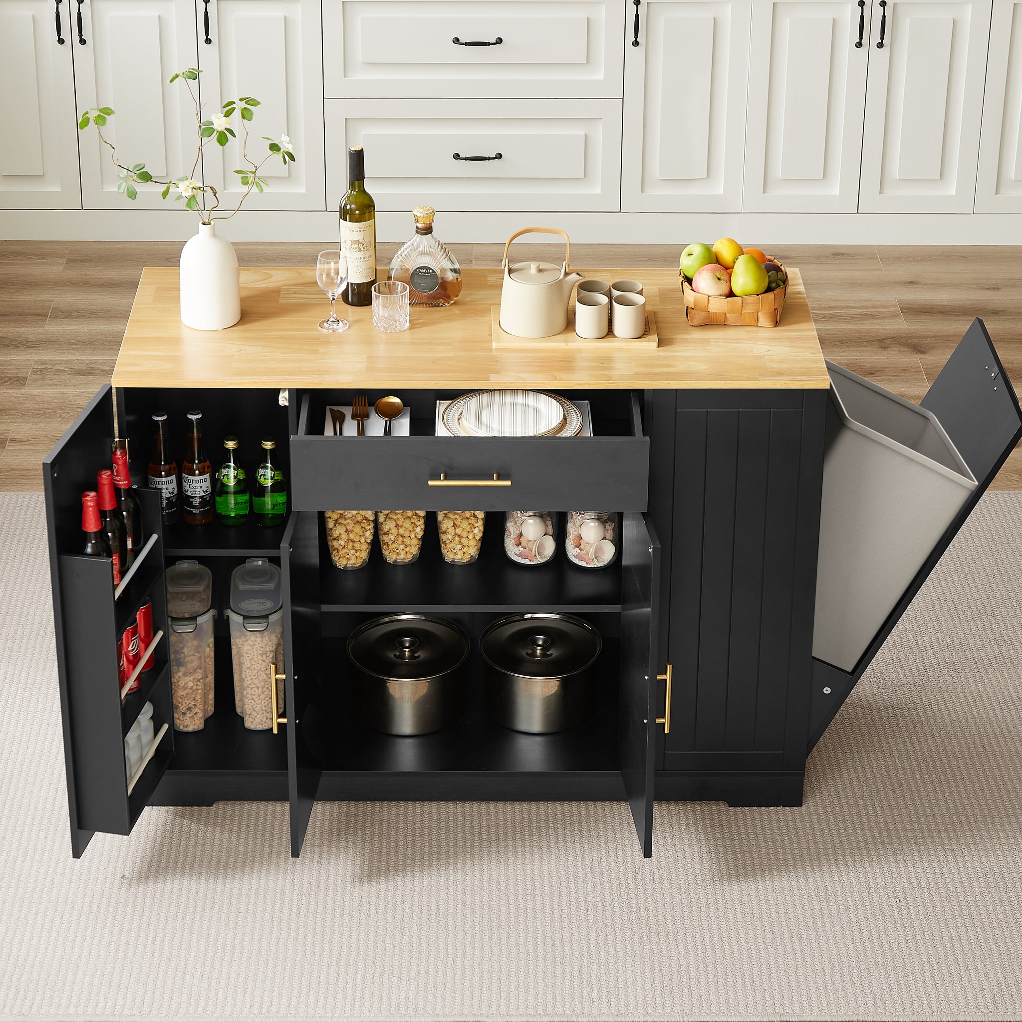 53 Inch Large Kitchen Island With Trash Can Storage Cabinet, Islands Table With Drawer And Adjustable Shelves, Breakfast Bar Cabinet For 13 Gallon Garbage Bin, Black & Oak Black Particle Board