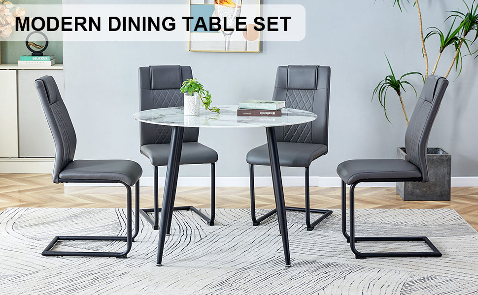 Table And Chair Set. Large Modern White Imitation Marble Patterned Round Table With Black Metal Legs. Nice Minimalism, Comfortable Seats And Black Metal Legs. White Gray Seats 4 Glass Metal