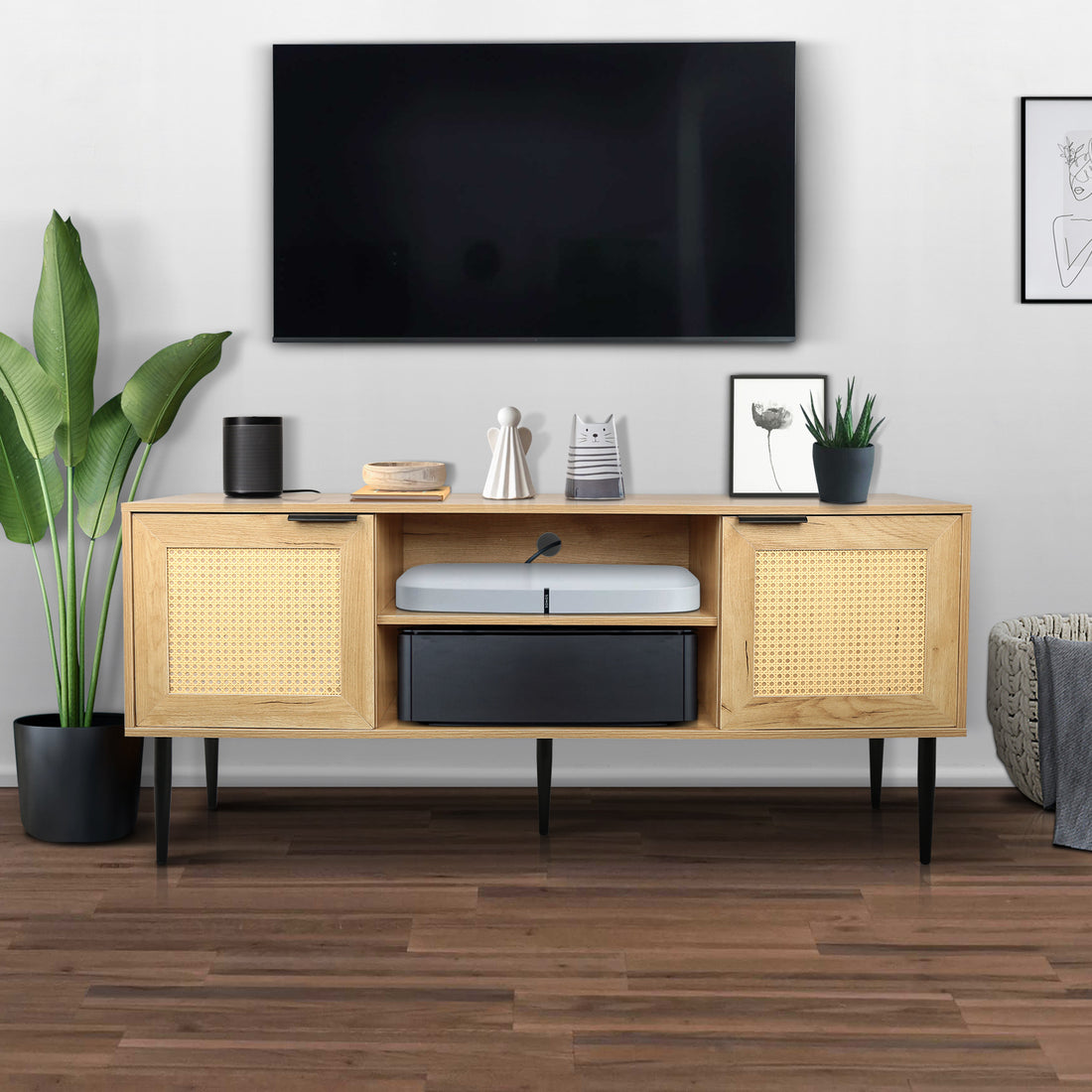 Wooden Tv Stand For Tvs Up To 65 Inches,With 2 Rattan Decorated Doors And 2 Open Shelves,Living Room Tv Console Table Wooden Entertainment Unit, Natural Color Natural Particle Board