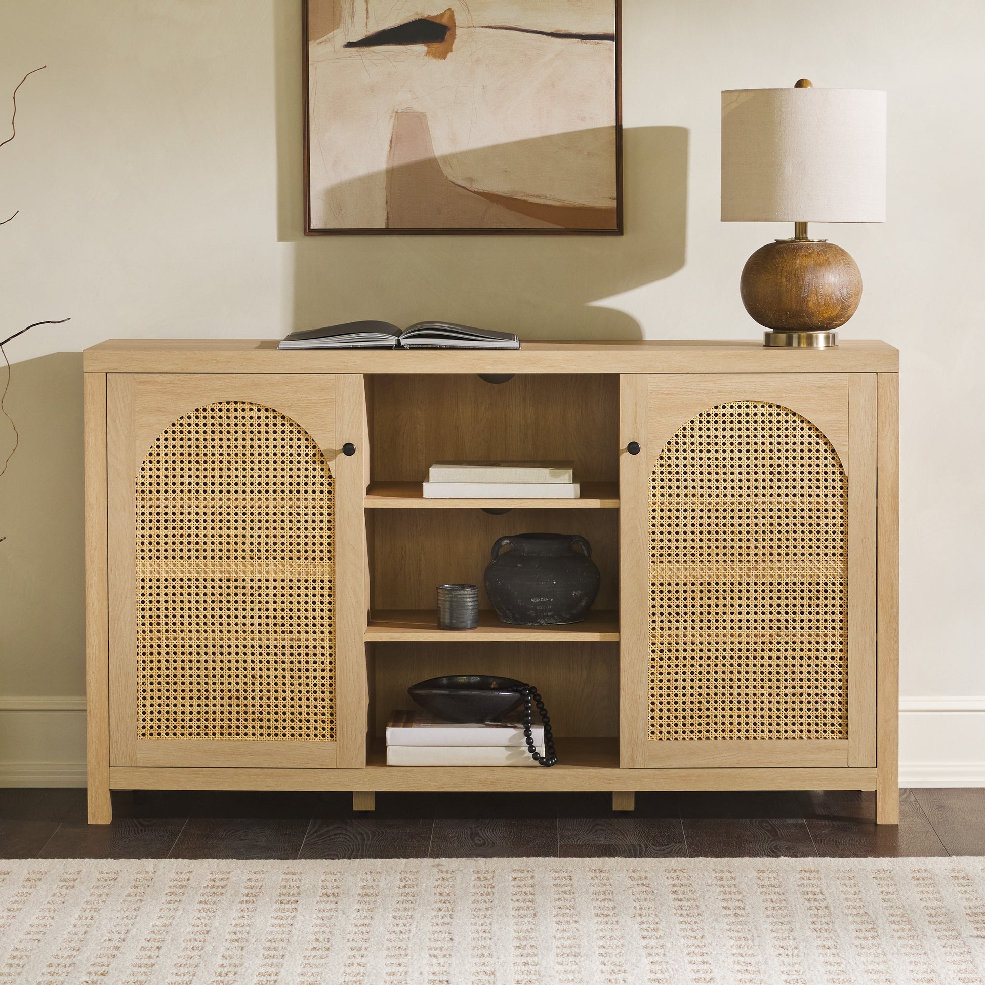 Transitional 58" 2 Door Sideboard With Arched Rattan Panels, Black Light Brown Mdf Mdf