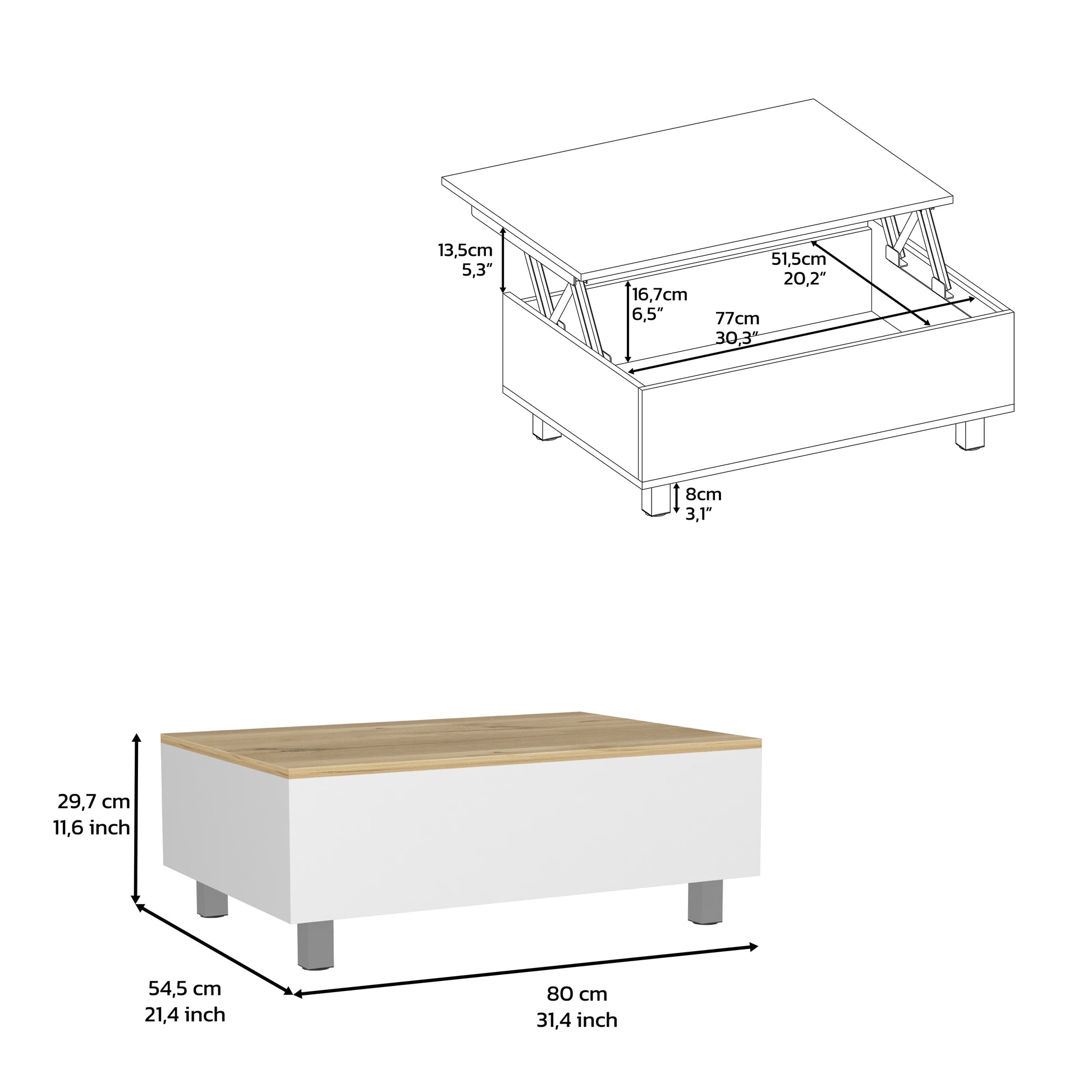 Aran Lift Top Coffee Table, Storage Compartment, White Light Oak Multicolor Particle Board Particle Board