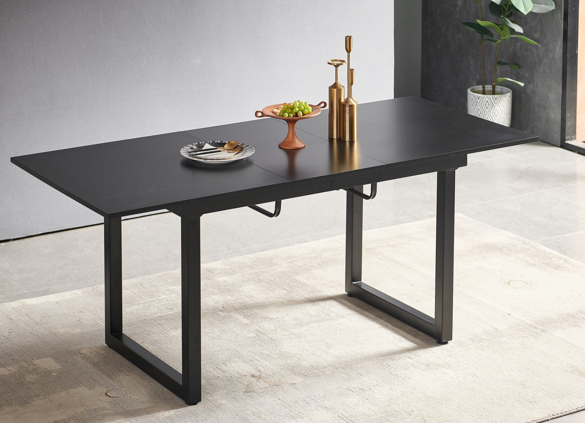 Black Color,Square Extendable Dining Table With Metal Leg,Modern Space Saving Kitchen Table For Living Room 70.86" W X 31.5" D X 29.5" H Black Mdf Metal