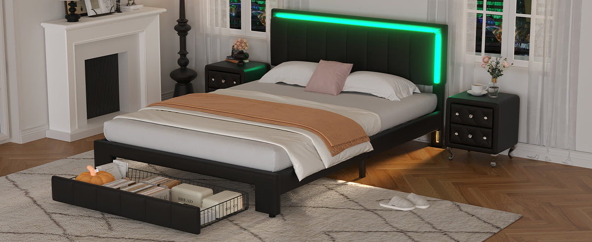 3 Pieces Bedroom Sets,Queen Size Upholstered Bed With Led Lights And Two Motion Activated Night Lights,Pu Nightstand With 2 Drawers And Crystal Handle,Black Queen Black 3 Piece Set Wood