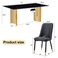 Table And Chair Set.The Table Has A Glass Top With Imitation Marble Pattern Stickers And Stainless Steel Golden Legs. Paried With Chairs With Pu Artificial Leather Backrest Cushions And Black Legs. Black Gold Seats 8 Glass Metal
