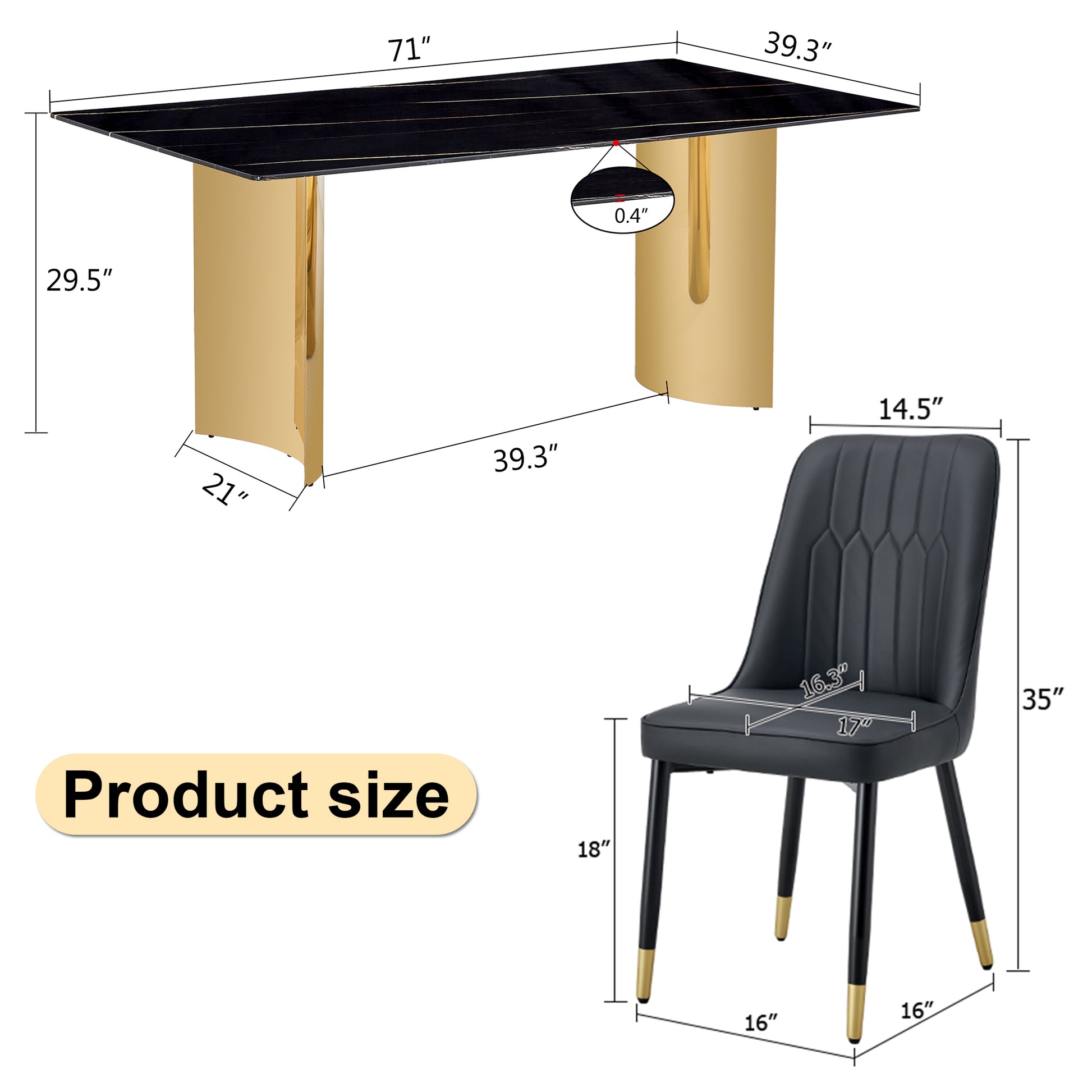 Table And Chair Set.The Table Has A Glass Top With Imitation Marble Pattern Stickers And Stainless Steel Golden Legs. Paried With Chairs With Pu Artificial Leather Backrest Cushions And Black Legs. Black Gold Seats 8 Glass Metal