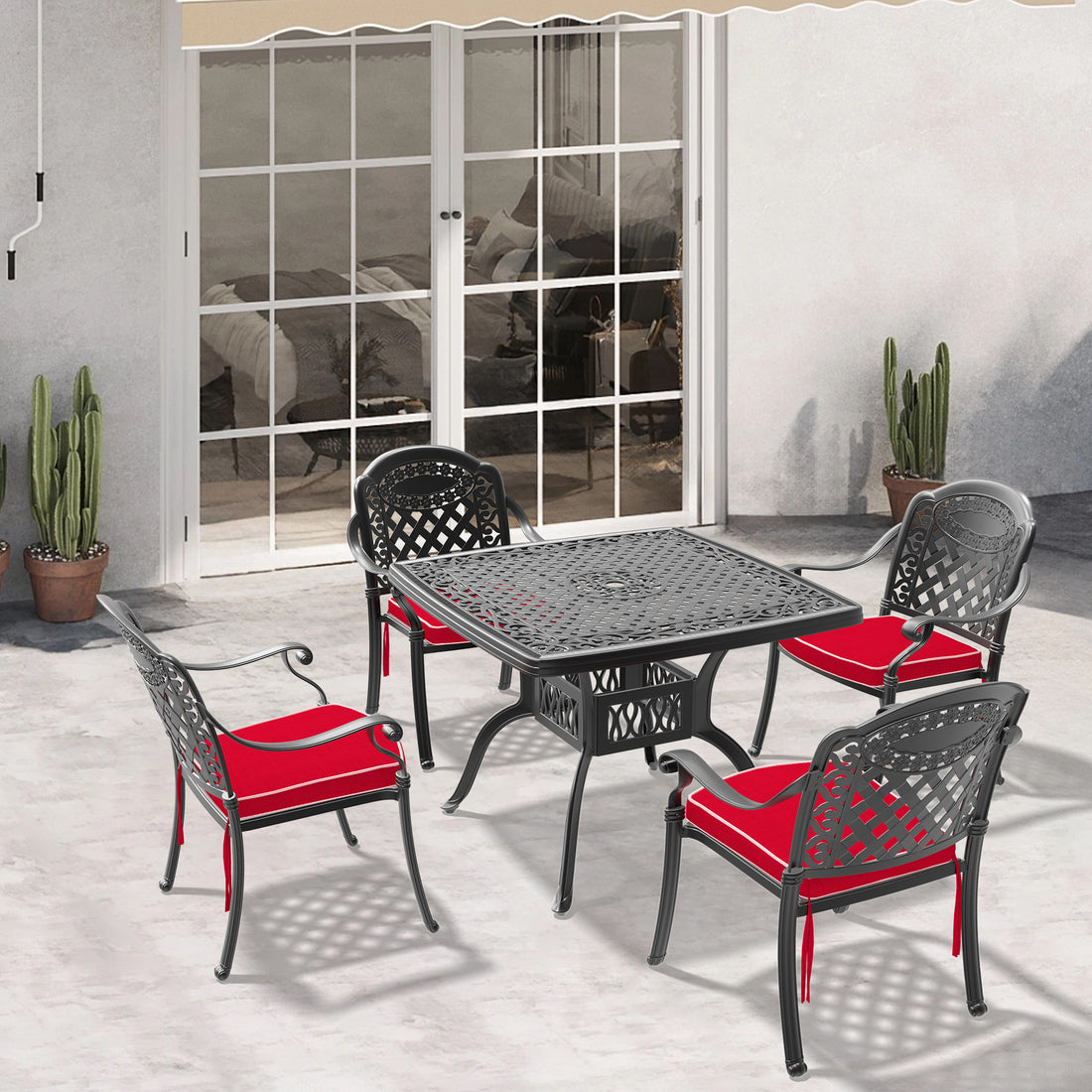 Cushions In Random Colors 5 Piece Set Of Cast Aluminum Patio Furniture With Cushions Yes Dining Set Black Seats 4 Rust Resistant Frame Water Resistant Cushion Garden & Outdoor Complete Patio Sets Aluminium